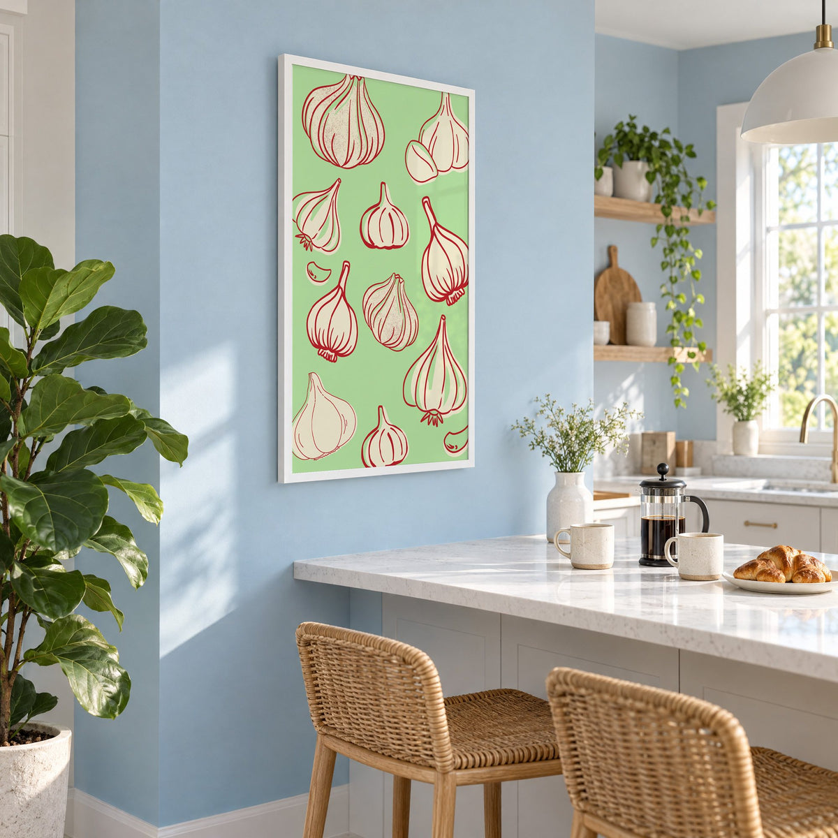 Garlic bulbs red line mint pattern in a white frame on a pale blue wall above a breakfast bar with rattan stools