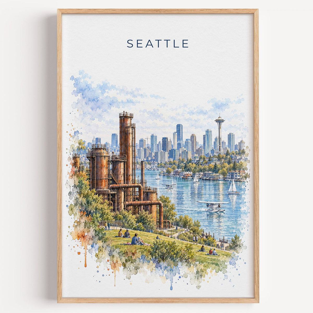 Gas Works Park Seattle watercolor print in a light oak frame on a plain white wall