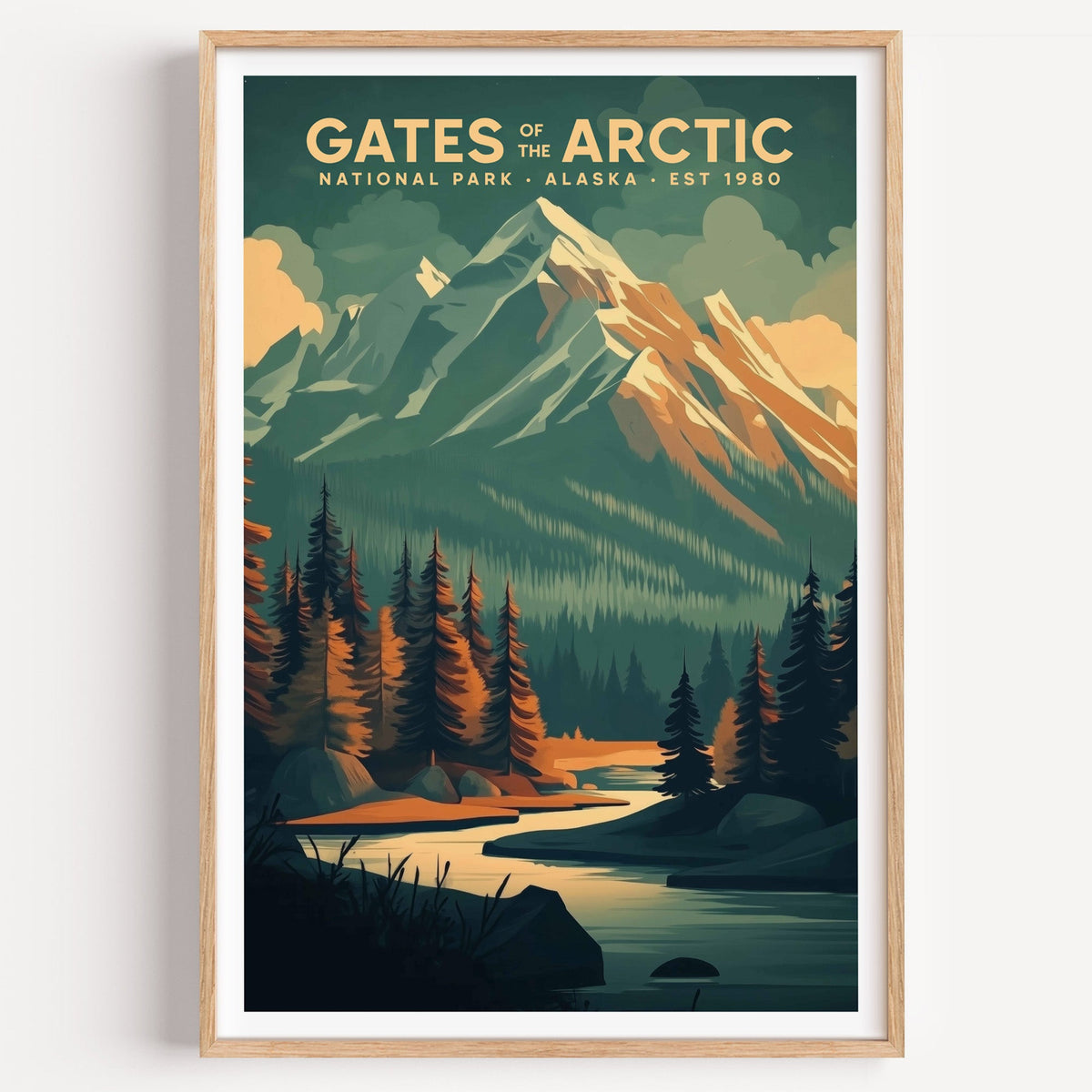 Gates of the Arctic illustrated print: Brooks Range peaks above a river, in an oak frame