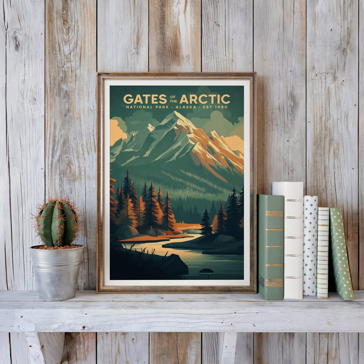 Gates of the Arctic poster in an antique gold frame against whitewashed farmhouse planks