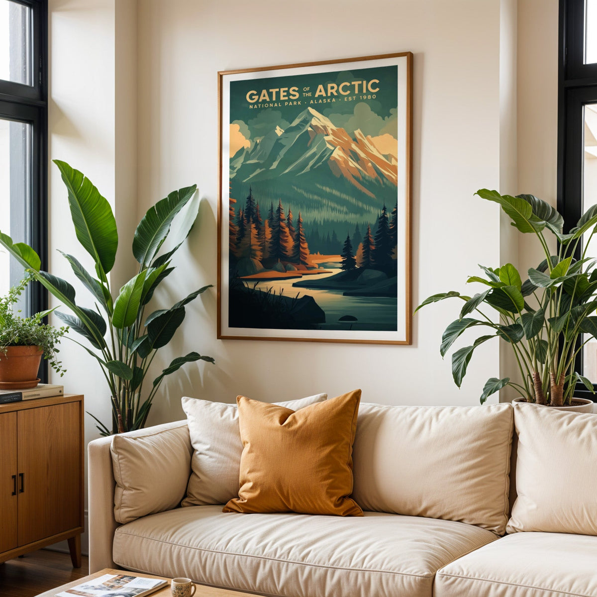 Gates of the Arctic print in an oak frame above a cream living room sofa with an ochre cushion