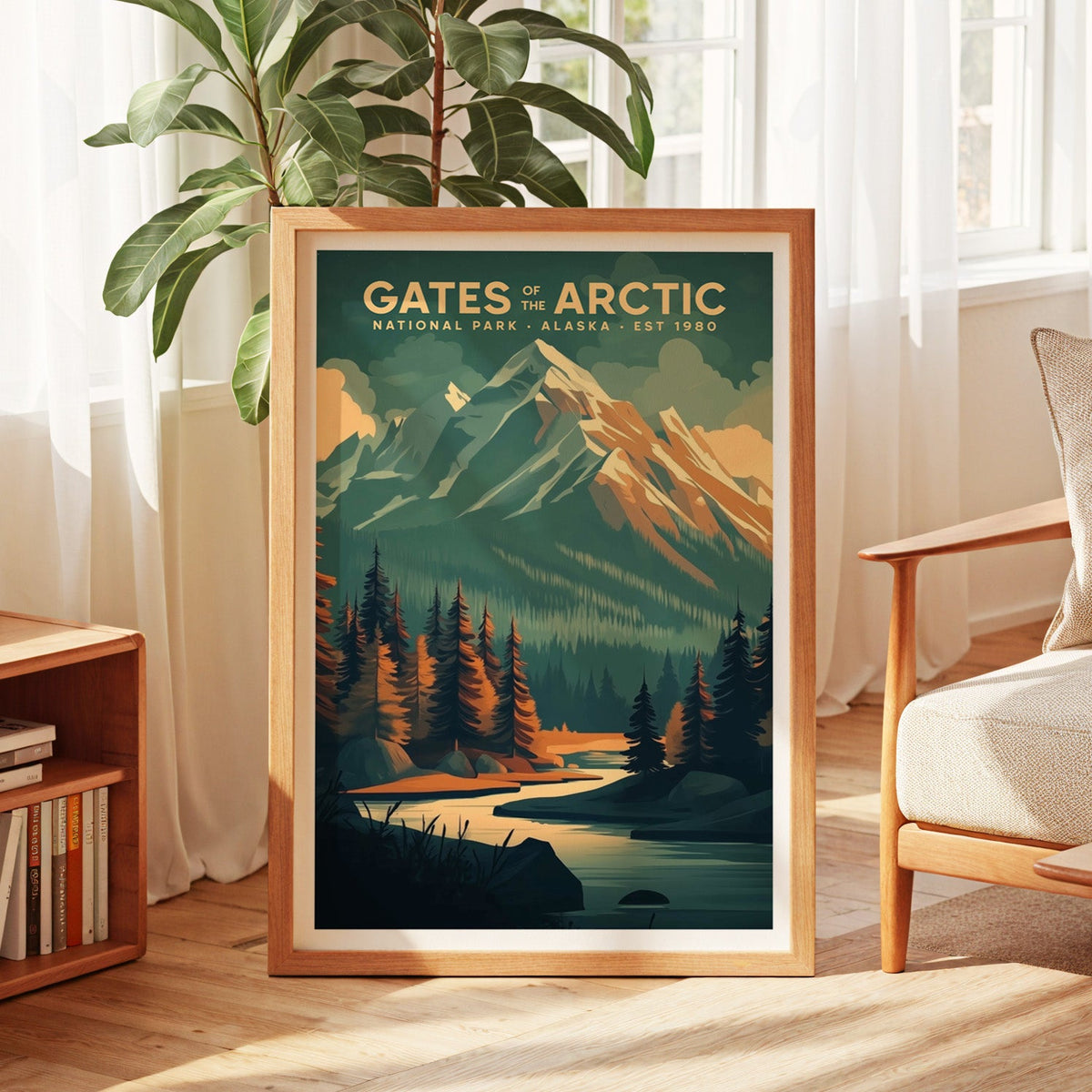 Gates of the Arctic print in an oak frame by a sunlit window with sheer curtains and a plant