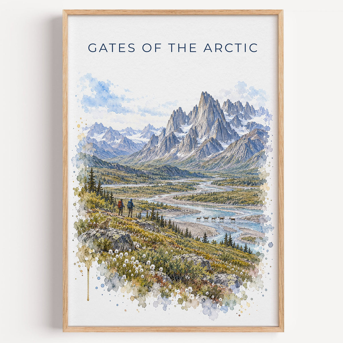 Gates of the Arctic National Park watercolor print in a light oak frame on a plain white wall