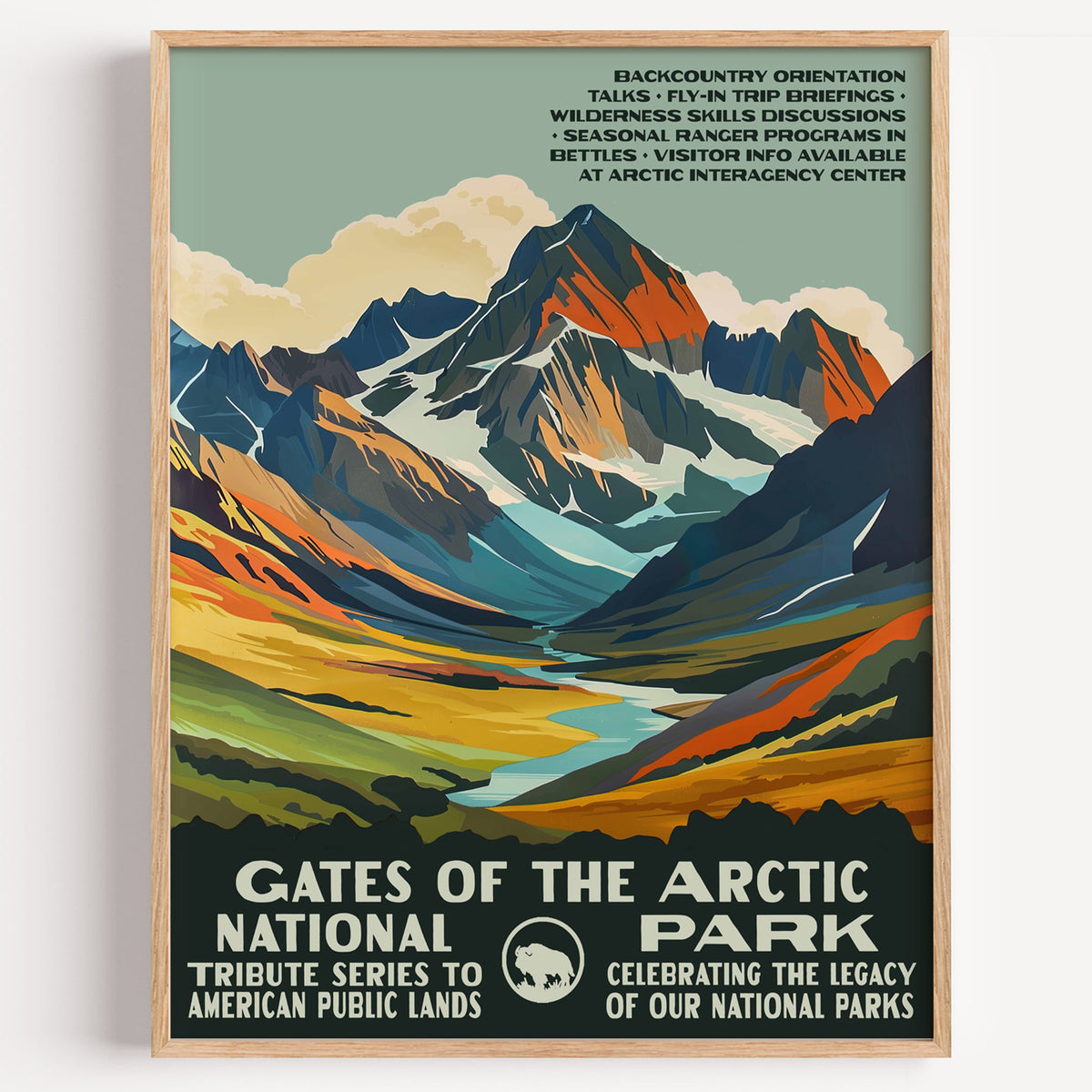 Gates of the Arctic National Park wall art print in a thin wood frame, sharp arctic peaks above a braided river valley