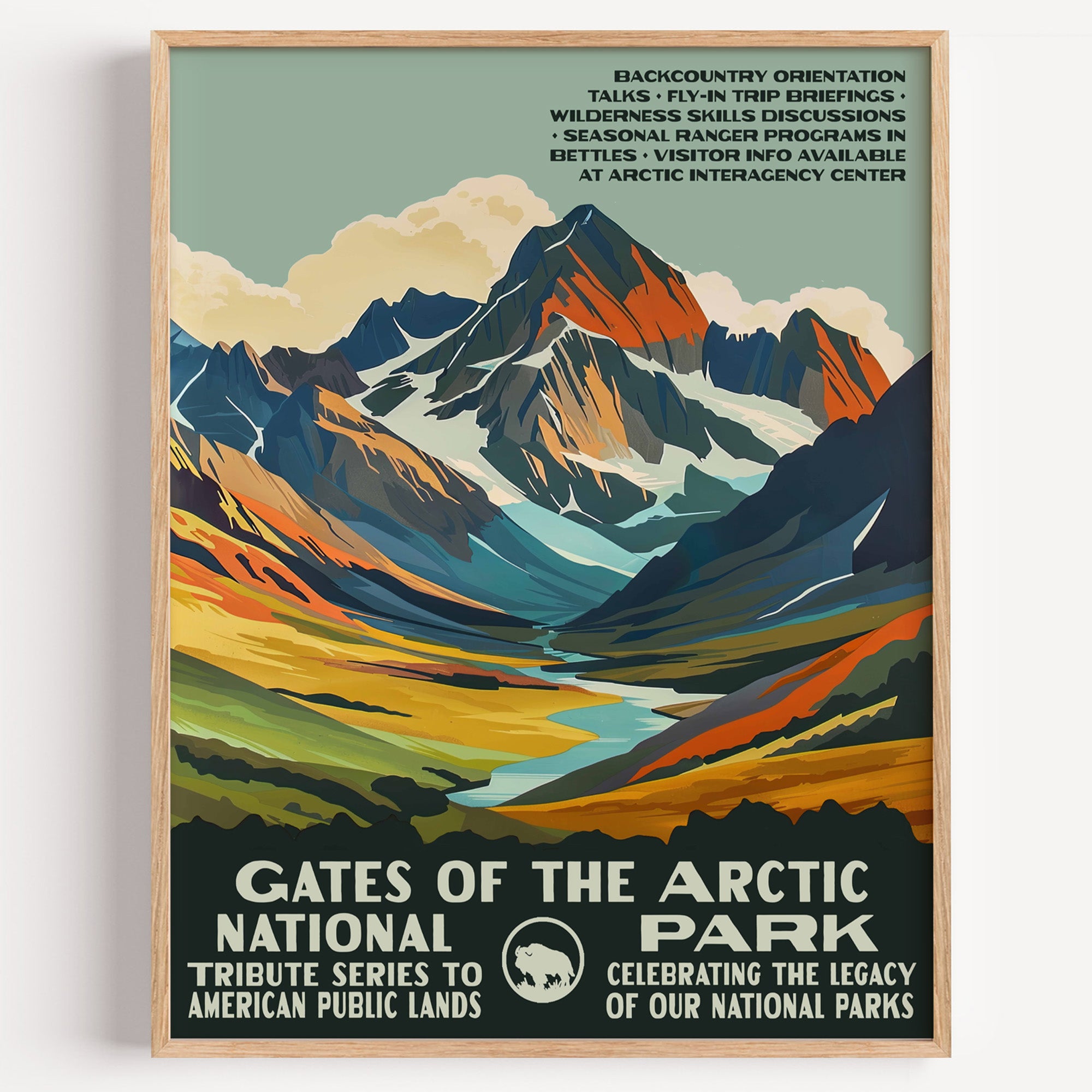 Gates of the Arctic National Park wall art print in a thin wood frame, sharp arctic peaks above a braided river valley