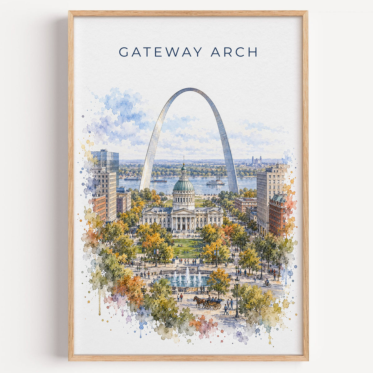 Gateway Arch National Park watercolor print in a light oak frame on a plain white wall
