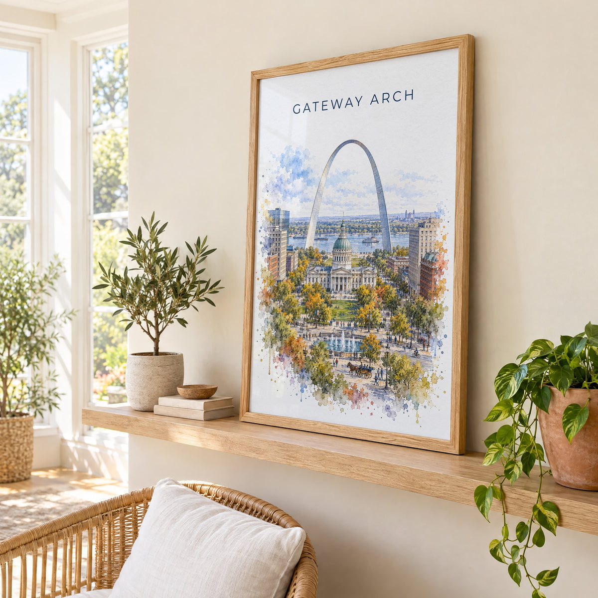 Gateway Arch National Park watercolor print in an oak frame on a picture ledge in a sunlit sunroom