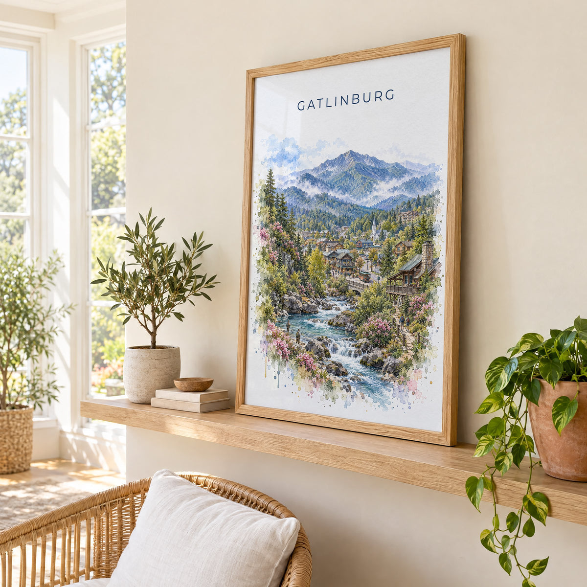 Gatlinburg watercolor print in an oak frame on a picture ledge in a sunlit sunroom