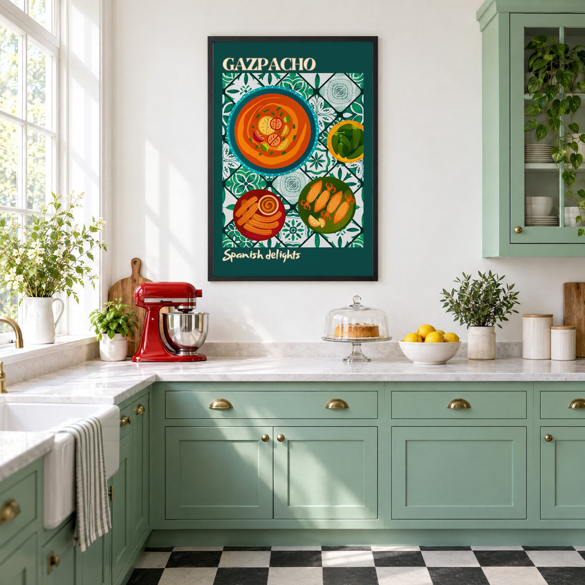 Gazpacho tapas print with teal border in a black frame in a mint green retro kitchen above a red stand mixer