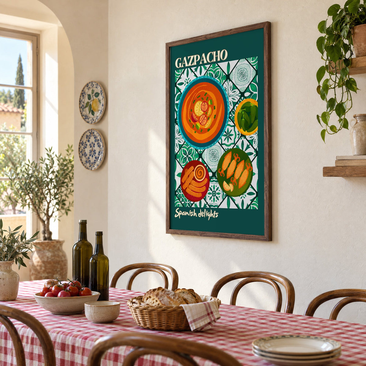 Gazpacho tapas print with teal border in a walnut frame above a gingham-covered trattoria table, seen at an angle