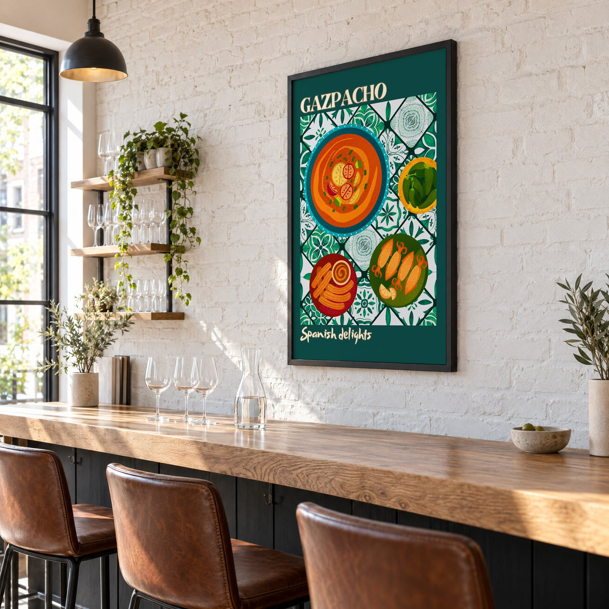 Gazpacho tapas print with teal border in a black frame on a white brick wall above a wine bar counter