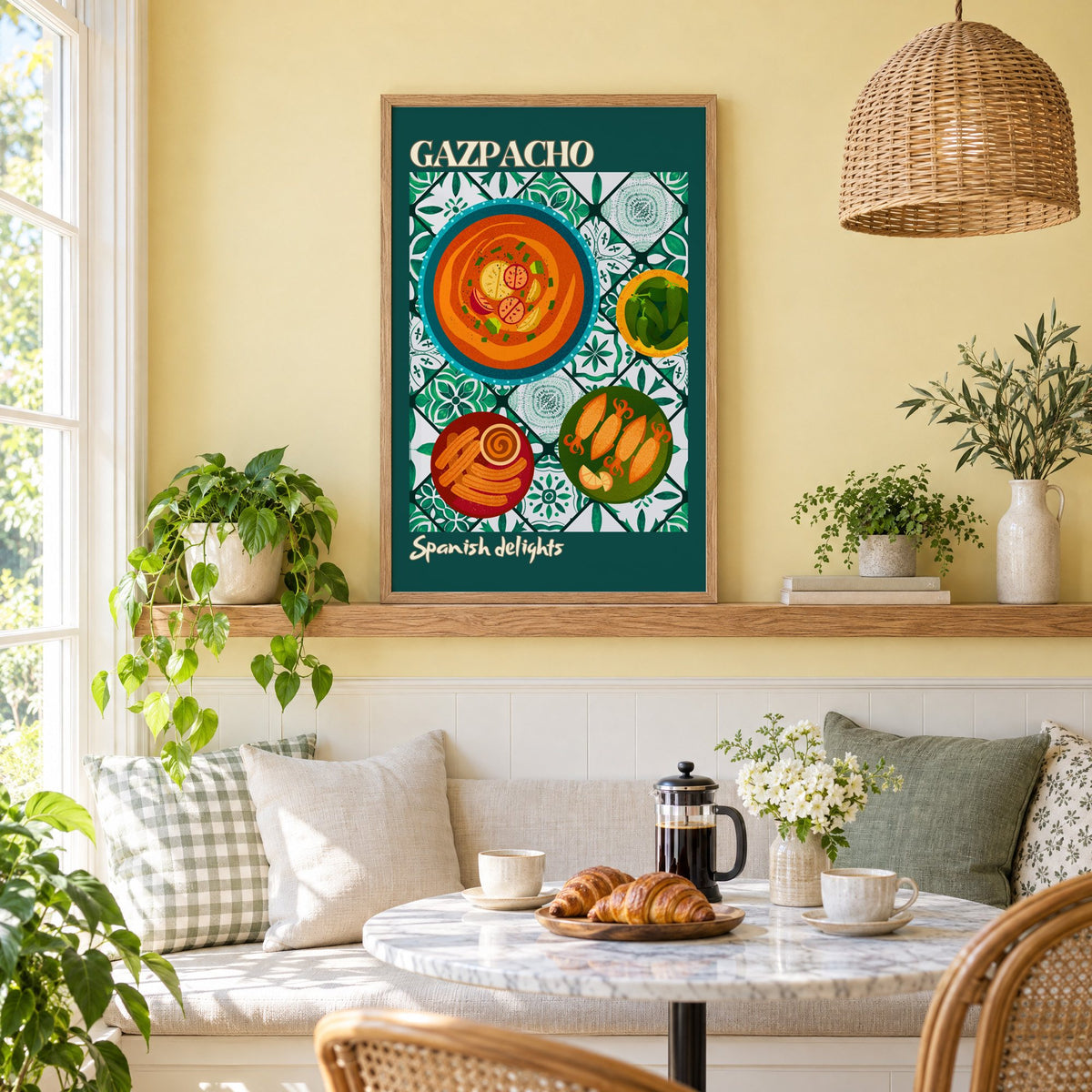 Gazpacho tapas print with teal border in an oak frame on a picture ledge above a sunny breakfast nook
