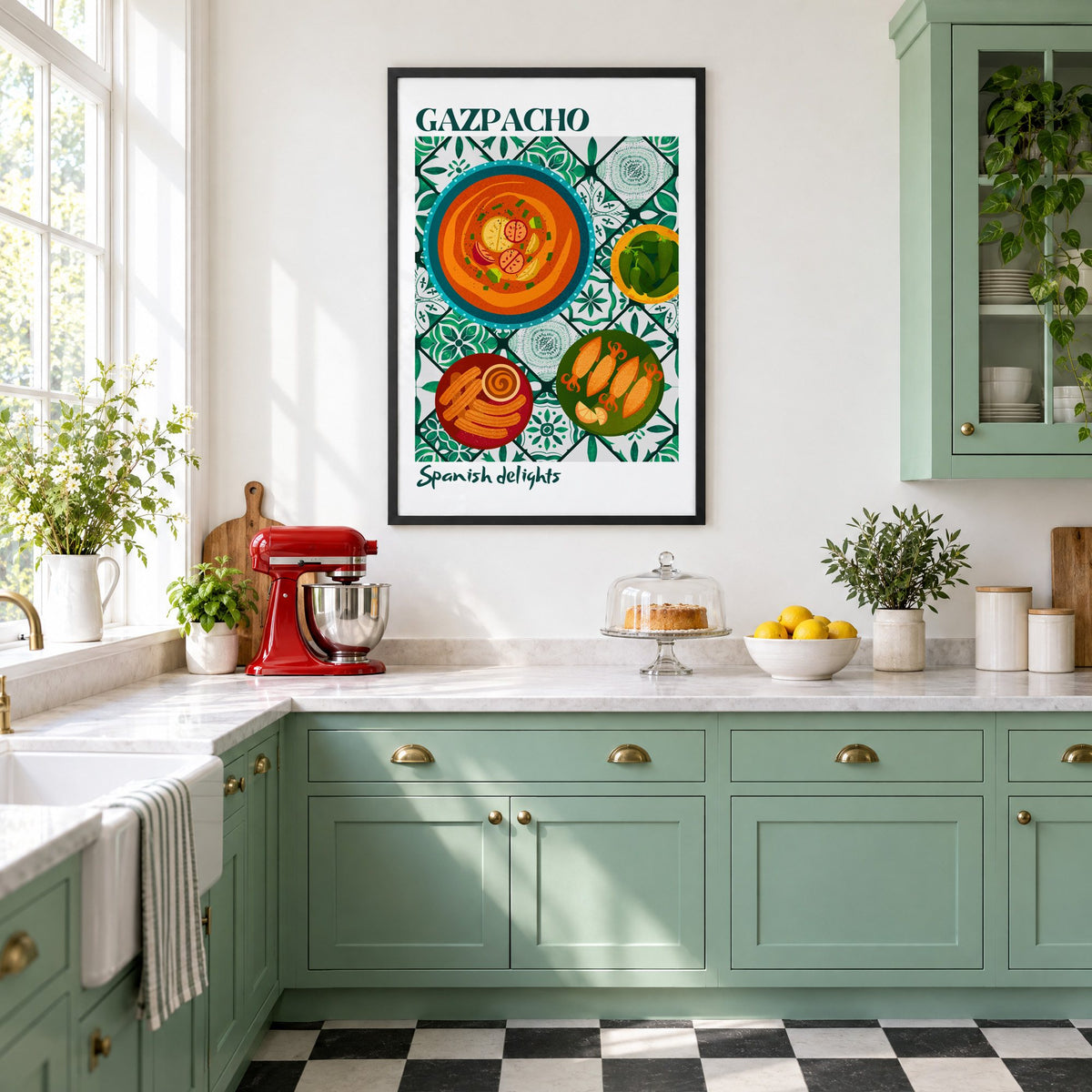 Gazpacho tapas print with white border in a black frame in a mint green retro kitchen above a red stand mixer