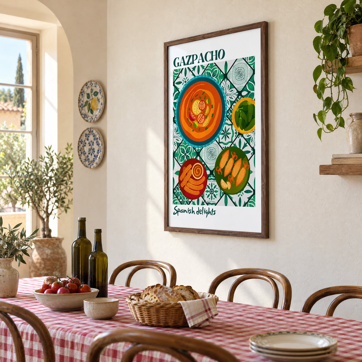 Gazpacho tapas print with white border in a walnut frame above a gingham-covered trattoria table, seen at an angle