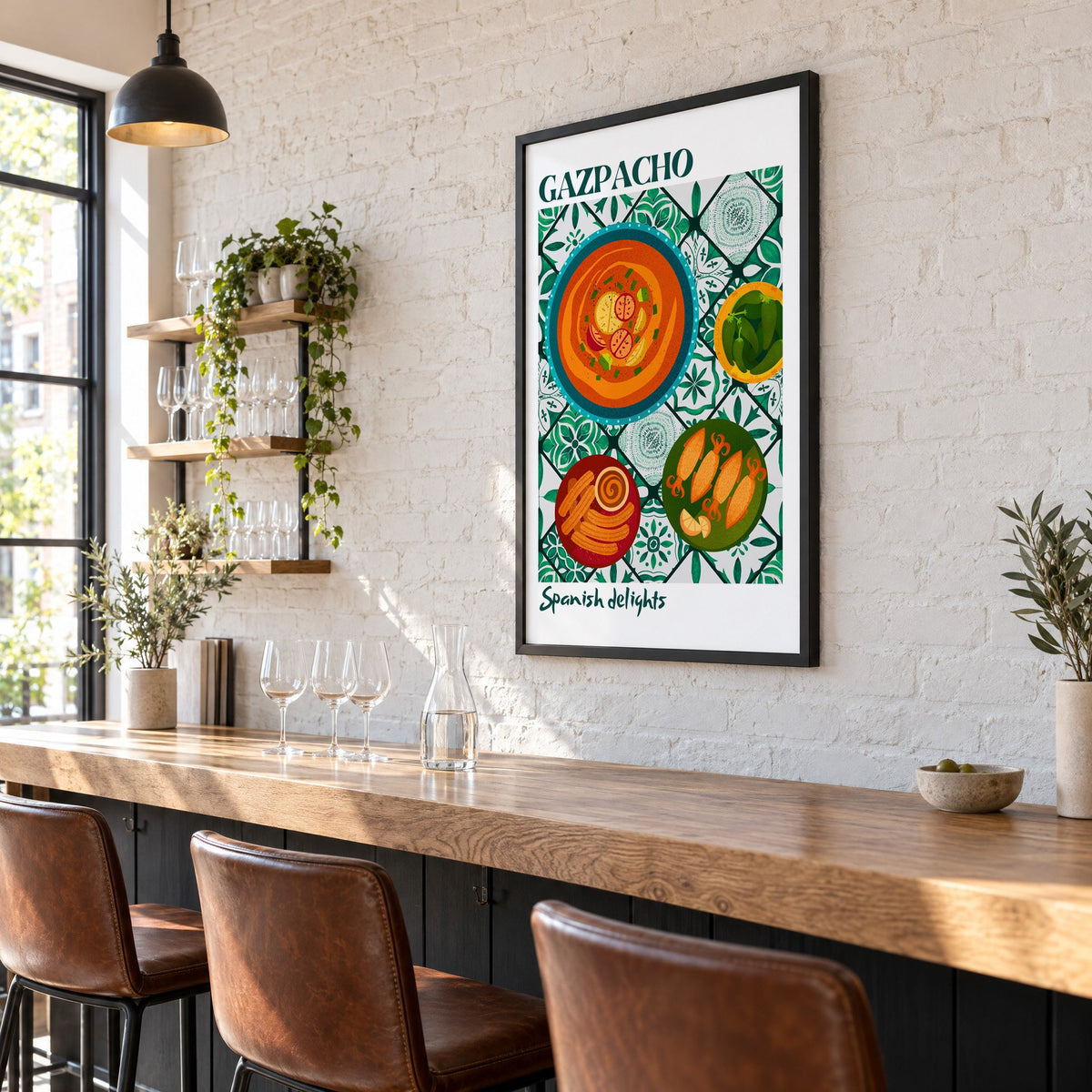 Gazpacho tapas print with white border in a black frame on a white brick wall above a wine bar counter