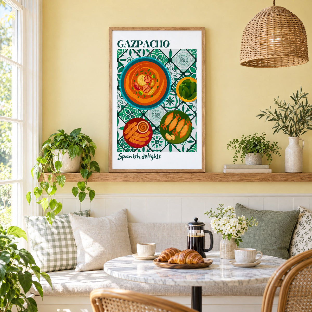 Gazpacho tapas print with white border in an oak frame on a picture ledge above a sunny breakfast nook