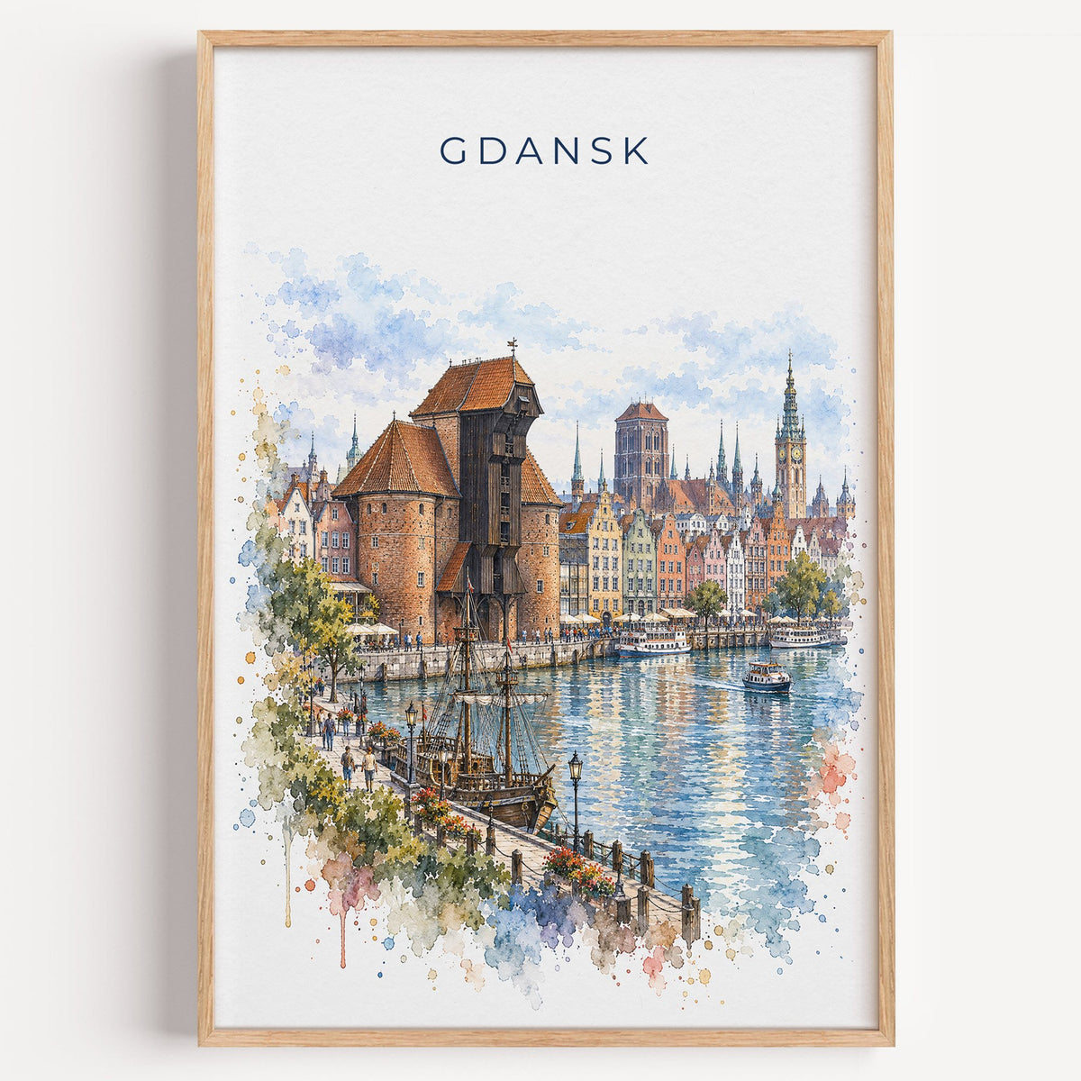 Gdansk watercolor print in a light oak frame on a plain white wall