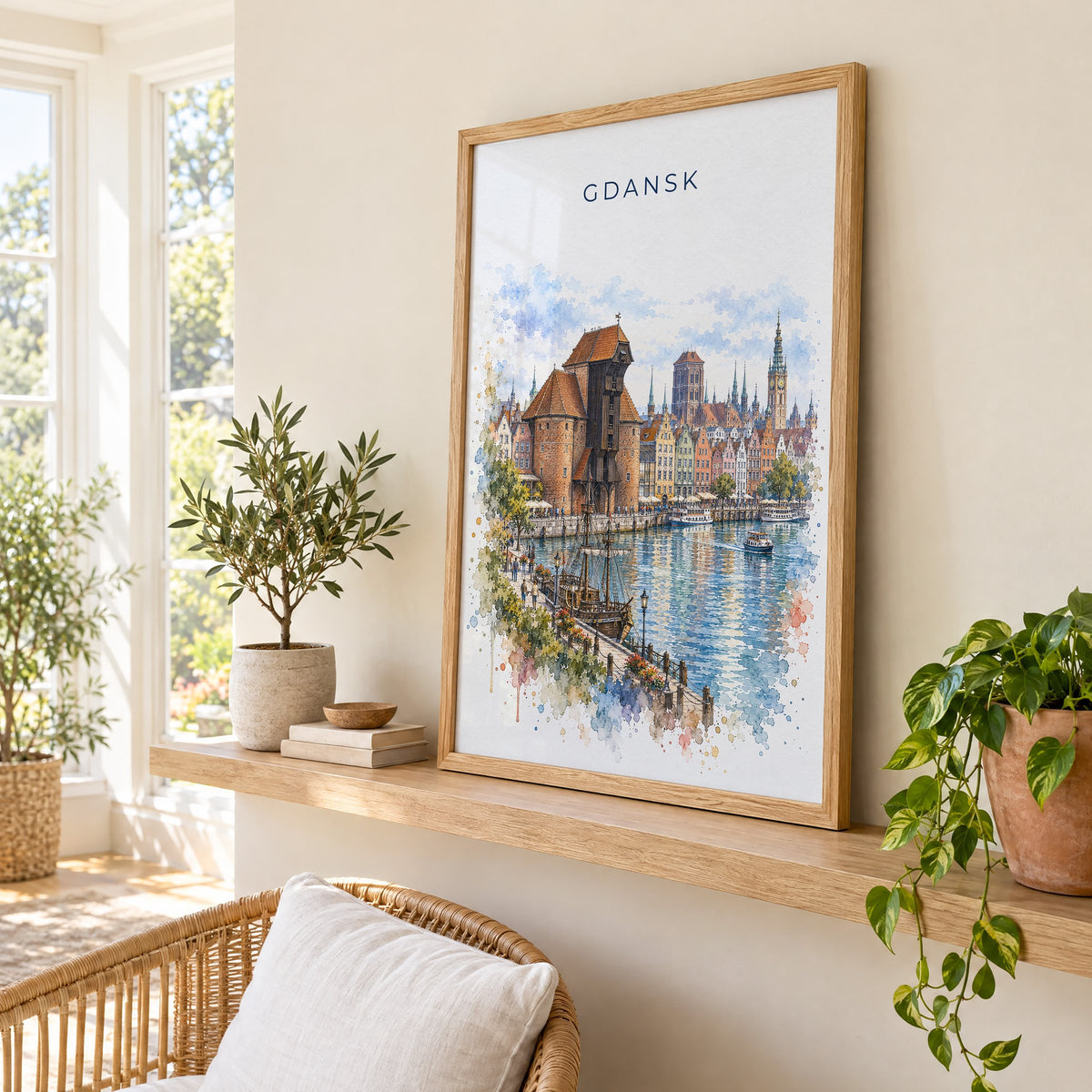 Gdansk watercolor print in an oak frame on a picture ledge in a sunlit sunroom