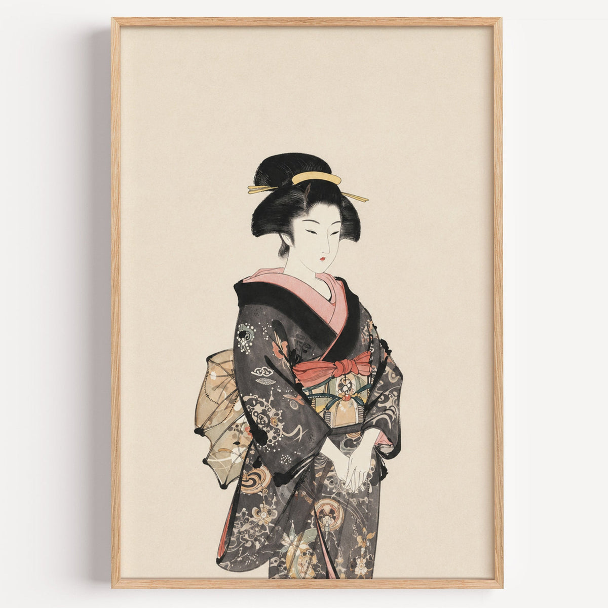 woman in dark floral kimono print in a light oak frame on a plain white wall