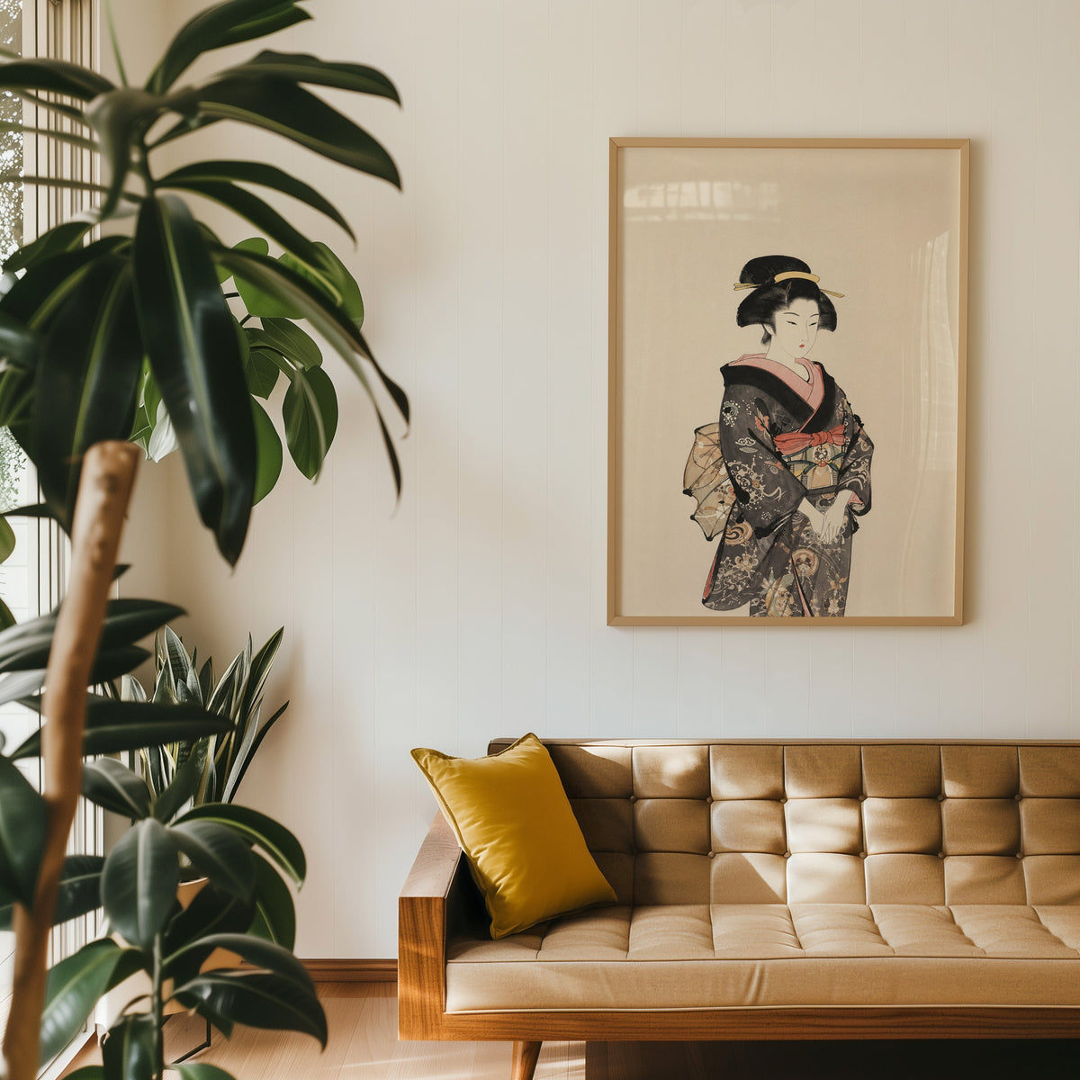 woman in dark floral kimono print in an oak frame above a tan tufted leather sofa with a mustard cushion