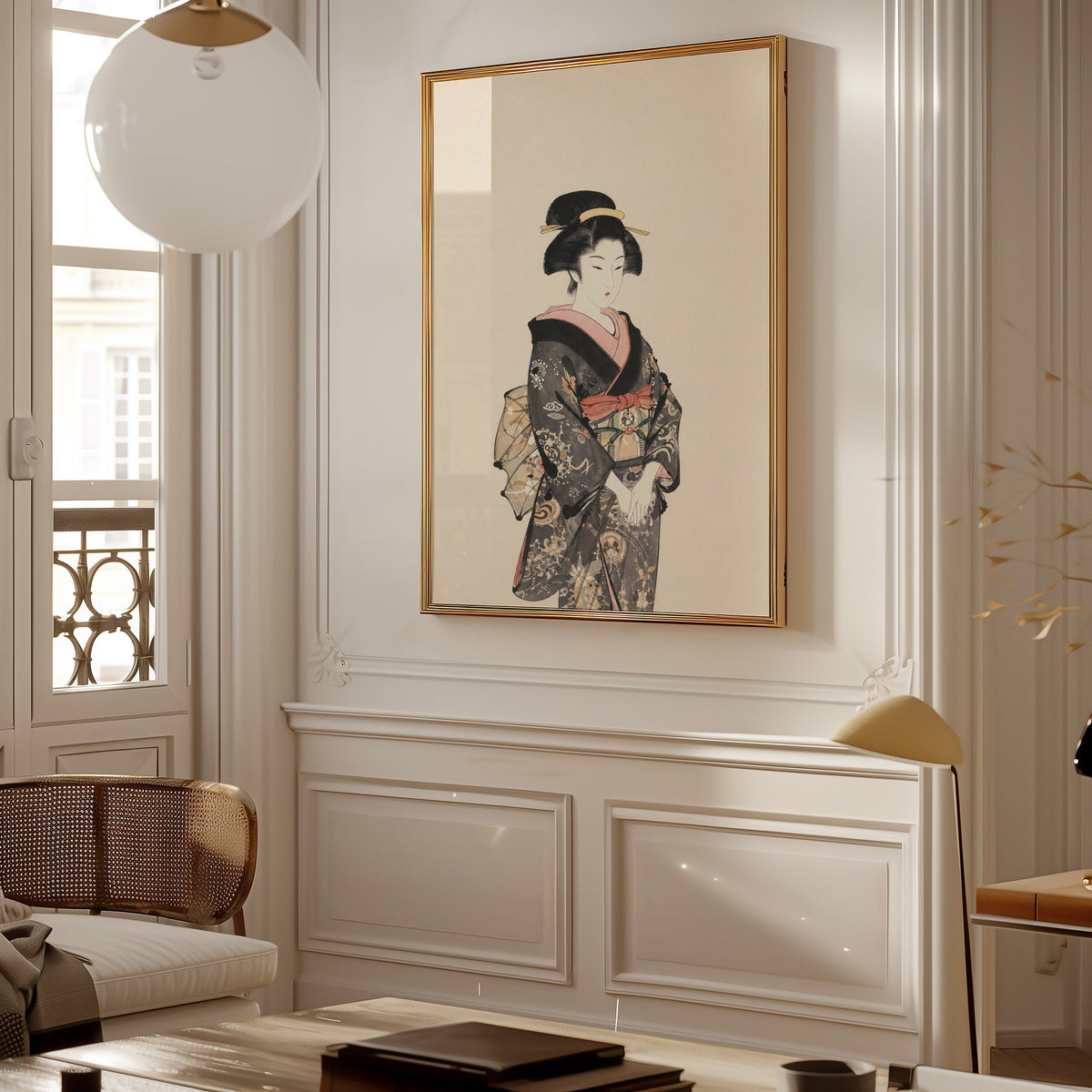 woman in dark floral kimono print shown in a gold frame on a paneled wall in a Parisian-style living room