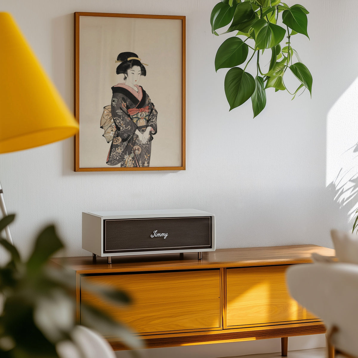 woman in dark floral kimono print in an oak frame above a teak mid-century sideboard with trailing pothos