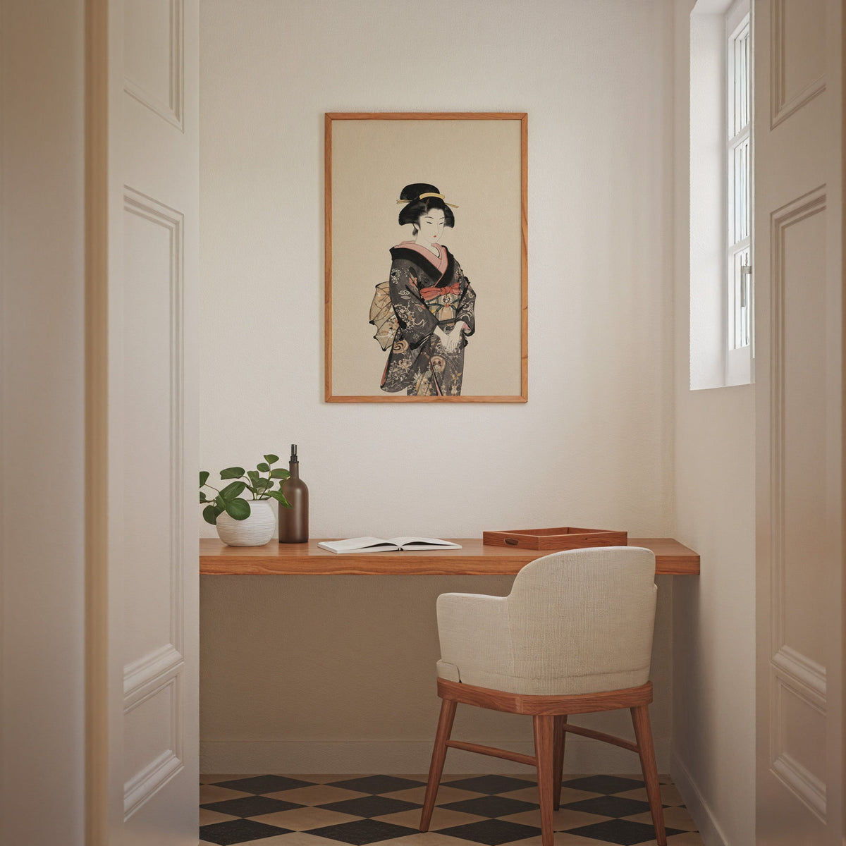 woman in dark floral kimono print in an oak frame above a wall-mounted desk in a home office nook