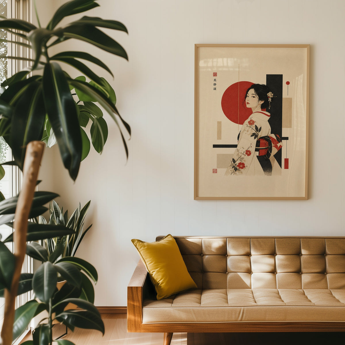 kimono woman with red circle print in an oak frame above a tan tufted leather sofa with a mustard cushion