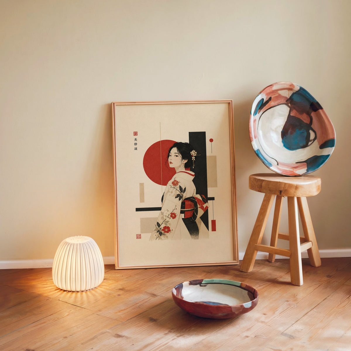 kimono woman with red circle print in a light wood frame leaning on a wooden floor by a glowing lamp and stool