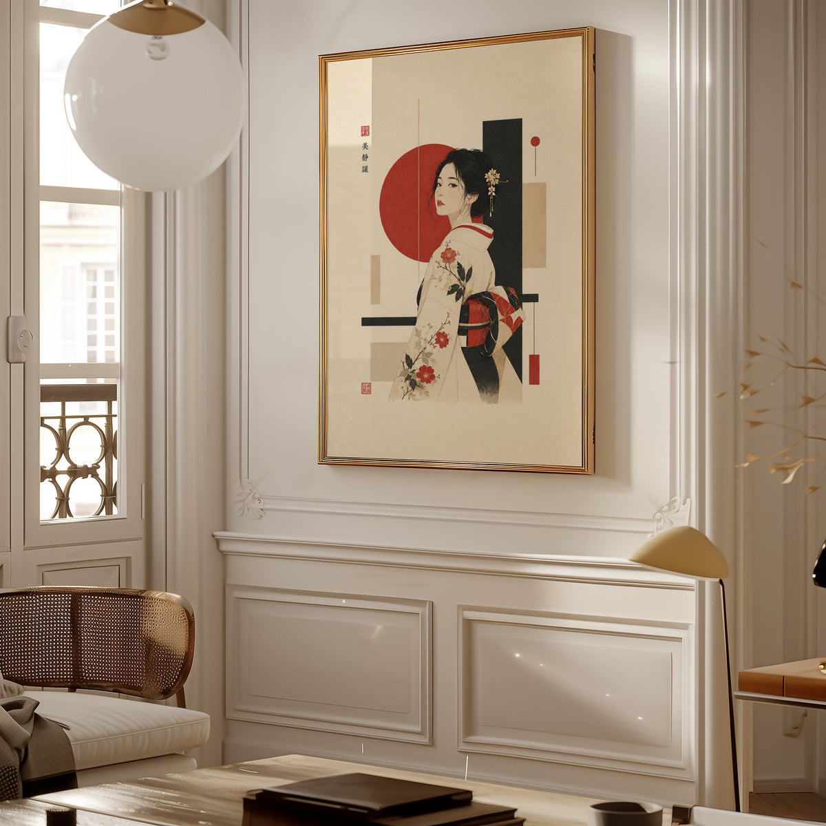 kimono woman with red circle print shown in a gold frame on a paneled wall in a Parisian-style living room