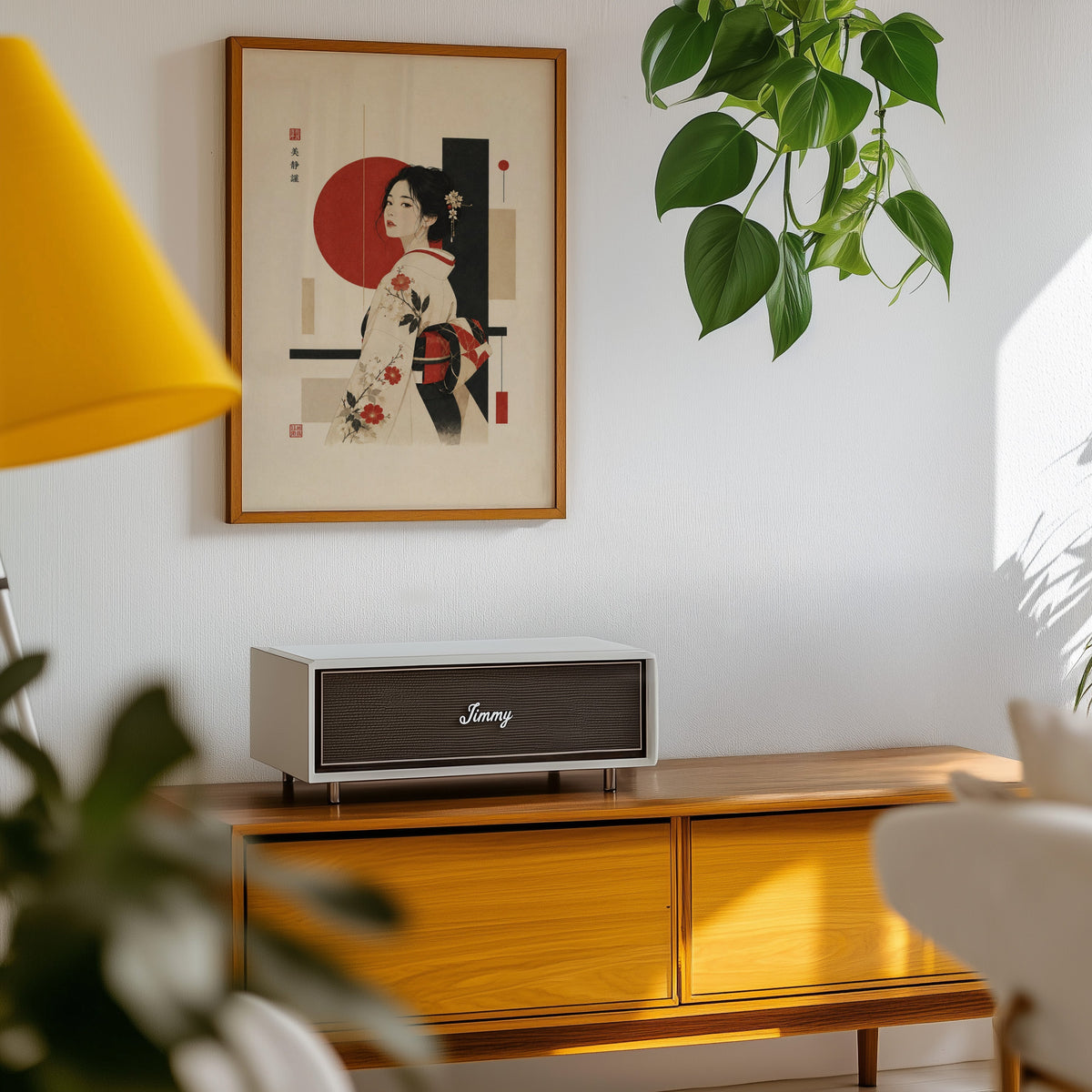 kimono woman with red circle print in an oak frame above a teak mid-century sideboard with trailing pothos