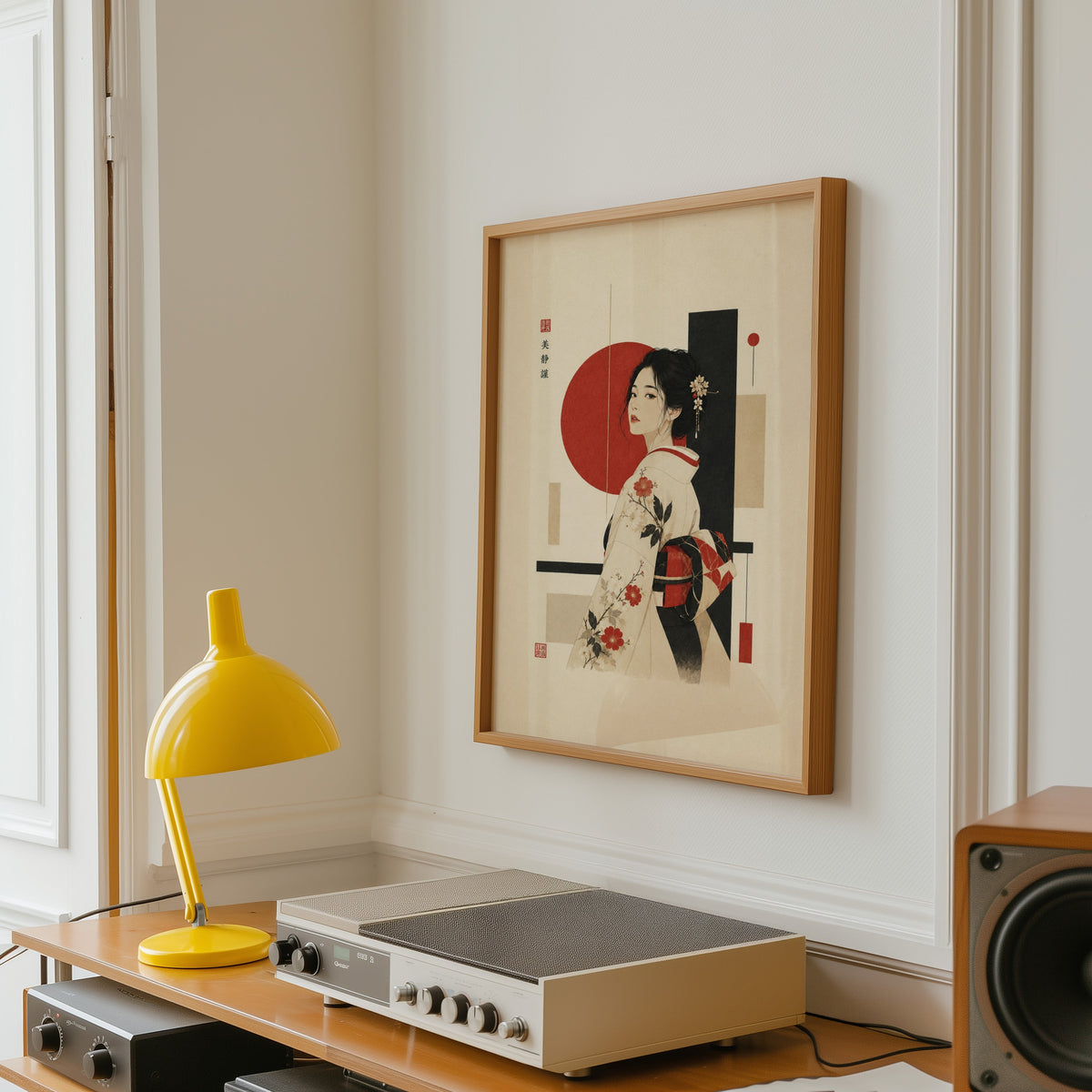 kimono woman with red circle print in an oak frame above a vintage hi-fi shelf with a yellow desk lamp
