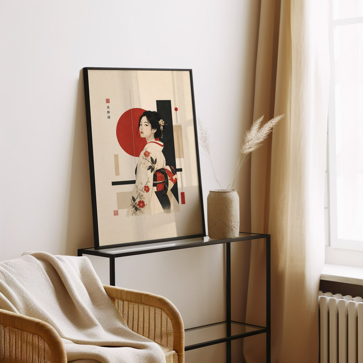 kimono woman with red circle print in a black frame leaning on a glass console beside pampas grass