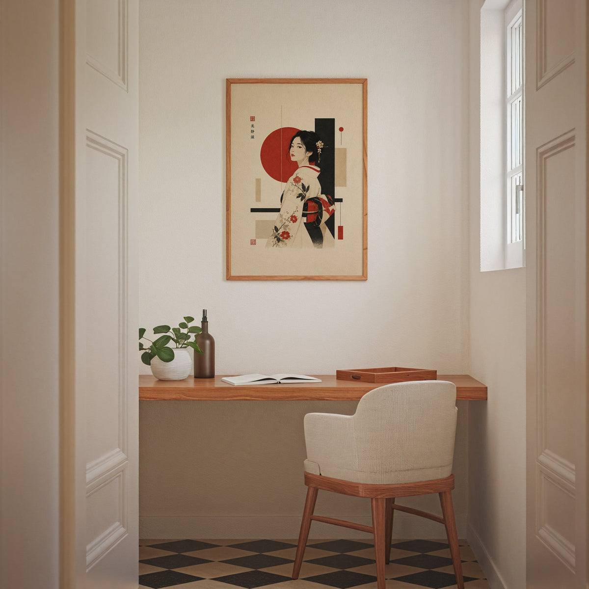 kimono woman with red circle print in an oak frame above a wall-mounted desk in a home office nook