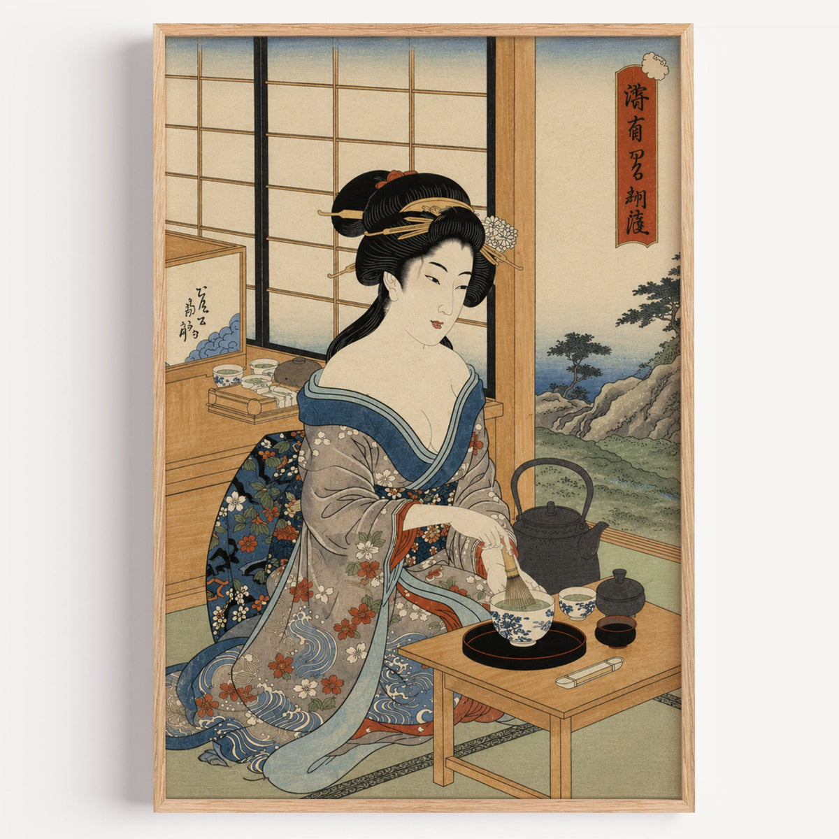 woman whisking matcha tea print in a light oak frame on a plain white wall