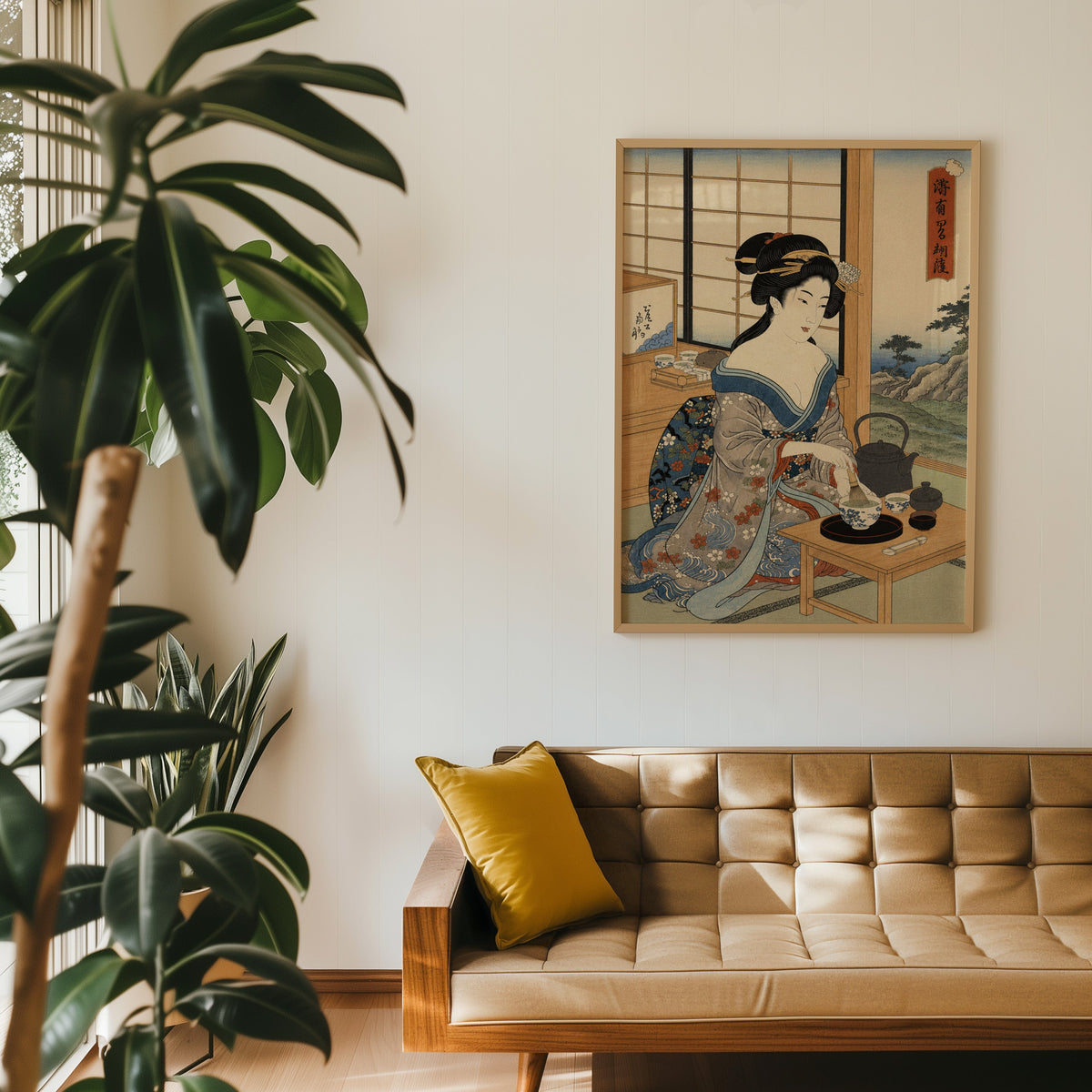 woman whisking matcha tea print in an oak frame above a tan tufted leather sofa with a mustard cushion