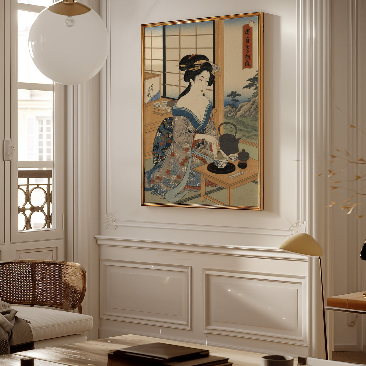 woman whisking matcha tea print shown in a gold frame on a paneled wall in a Parisian-style living room