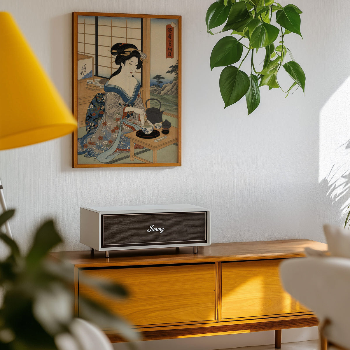 woman whisking matcha tea print in an oak frame above a teak mid-century sideboard with trailing pothos