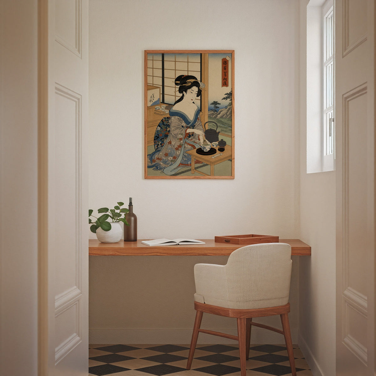 woman whisking matcha tea print in an oak frame above a wall-mounted desk in a home office nook