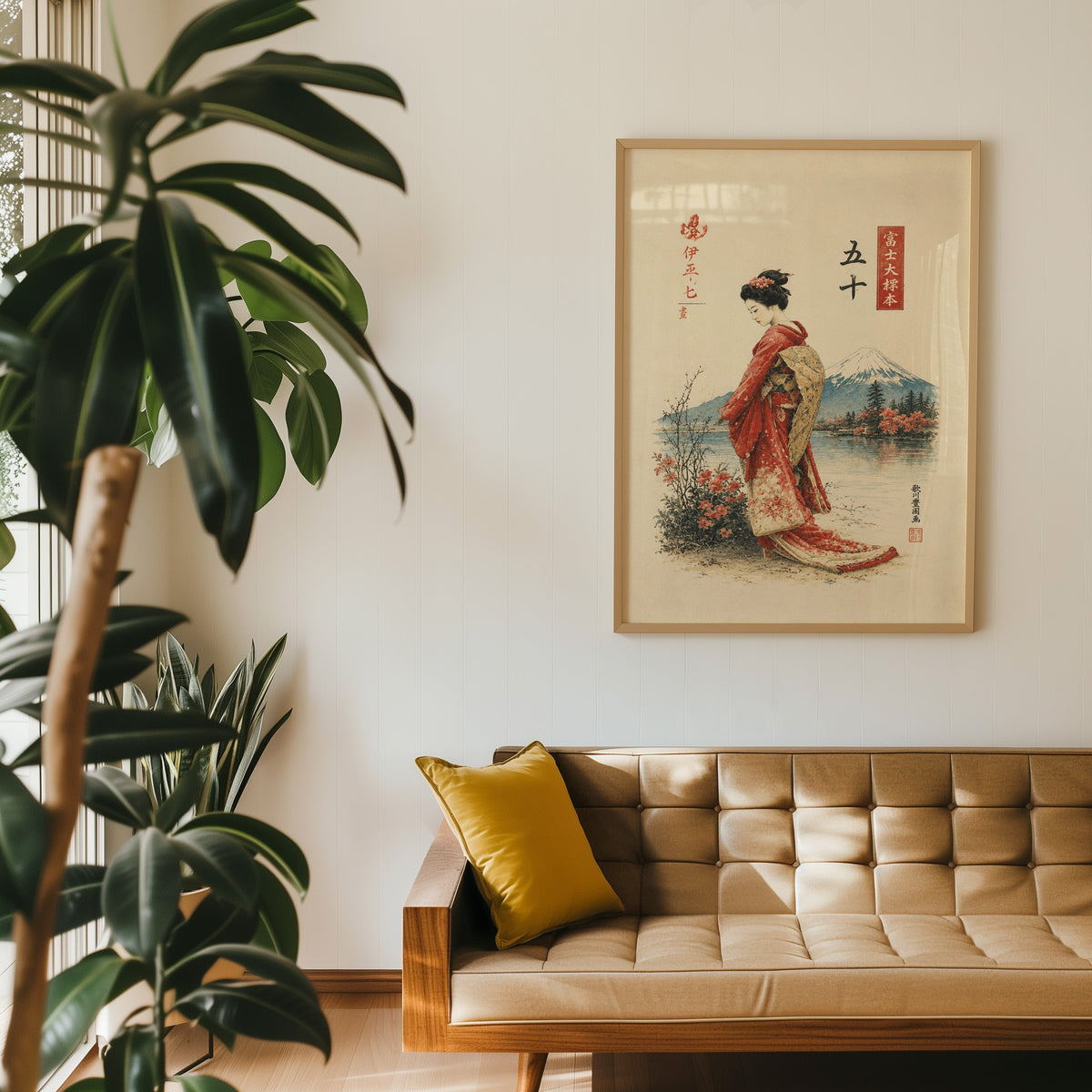 woman in red kimono by Mount Fuji print in an oak frame above a tan tufted leather sofa with a mustard cushion
