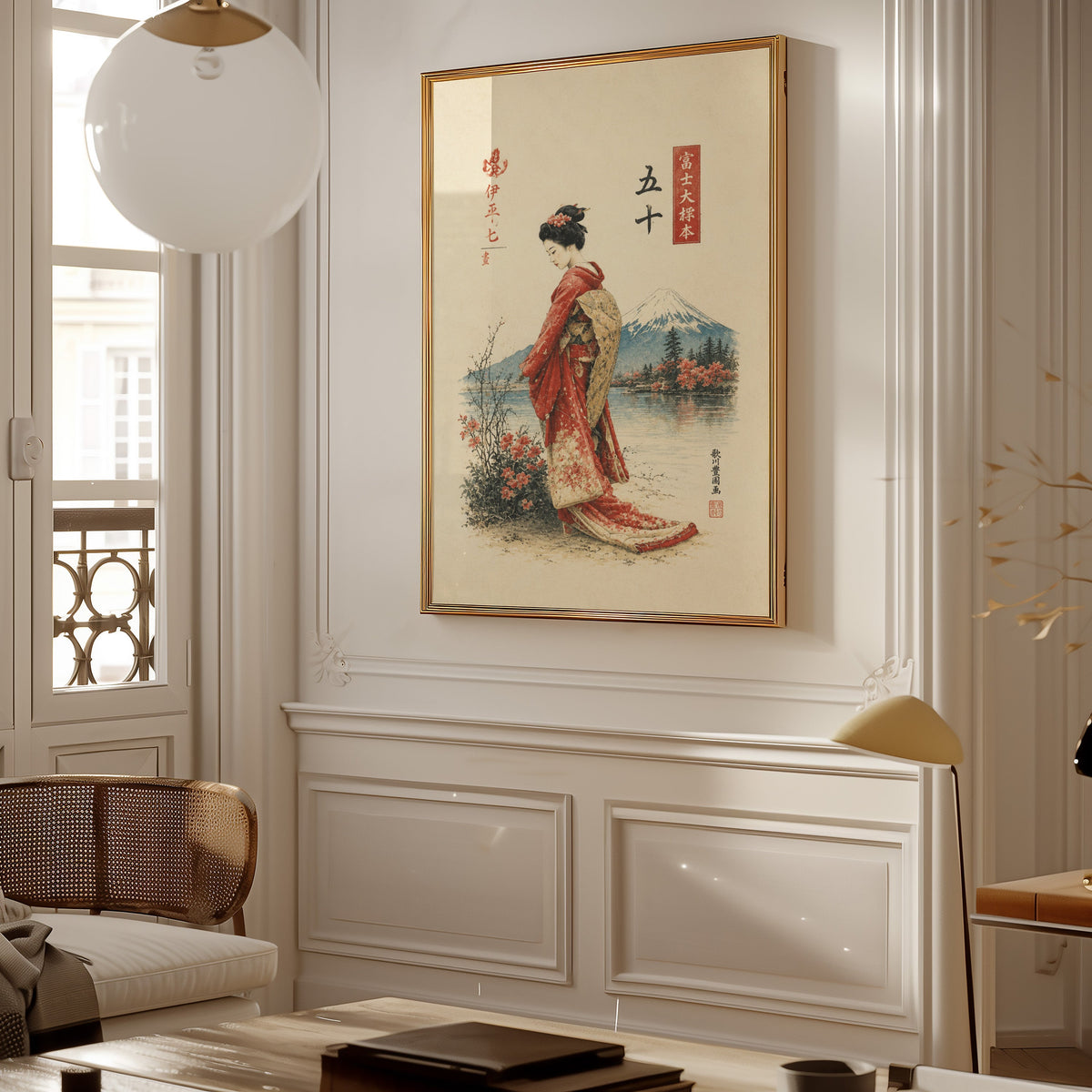 woman in red kimono by Mount Fuji print shown in a gold frame on a paneled wall in a Parisian-style living room