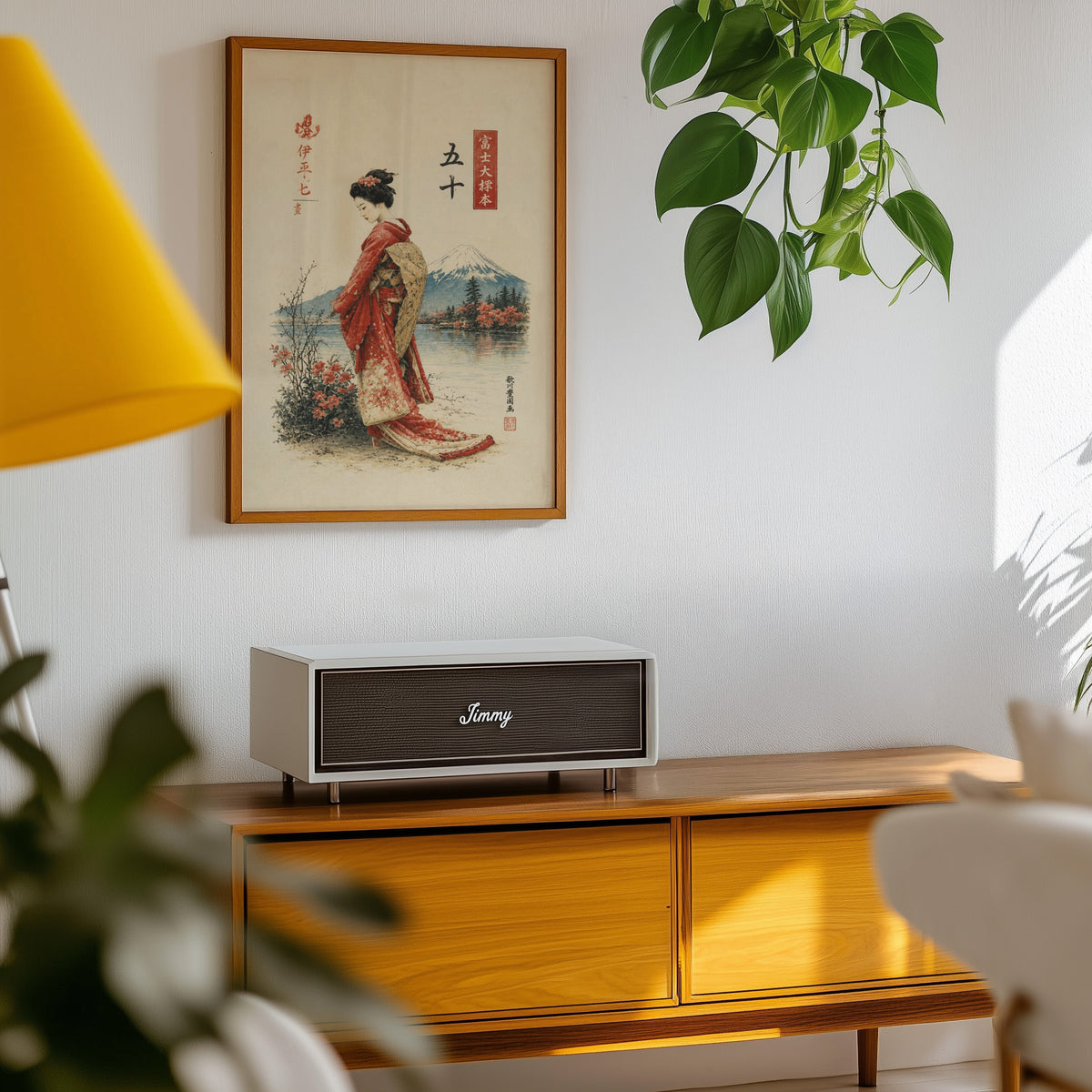 woman in red kimono by Mount Fuji print in an oak frame above a teak mid-century sideboard with trailing pothos