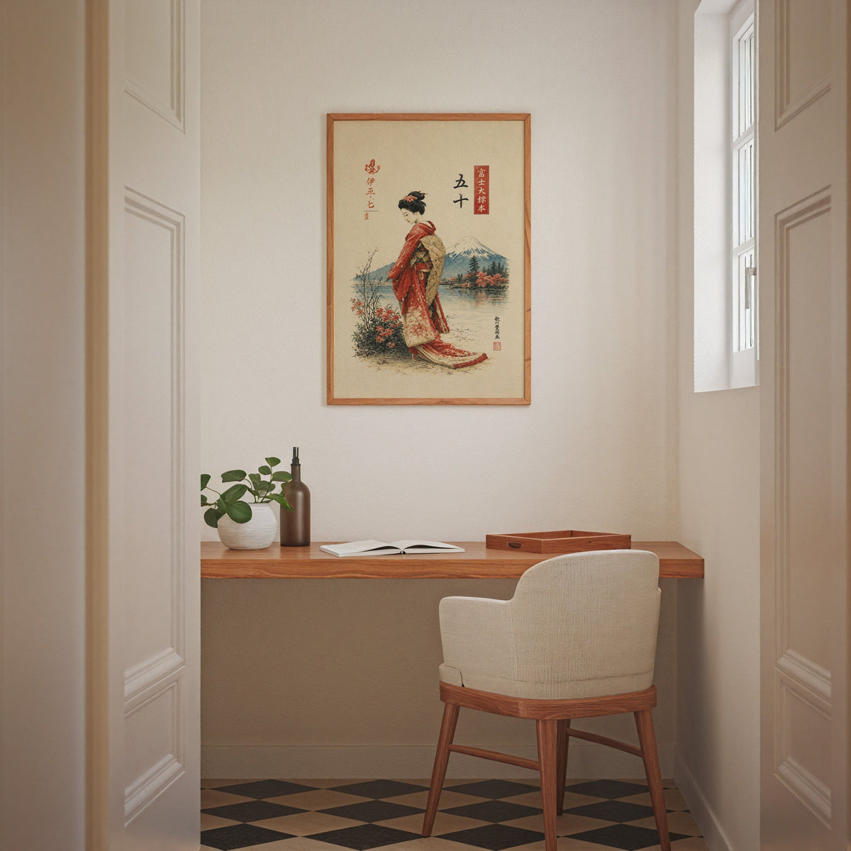 woman in red kimono by Mount Fuji print in an oak frame above a wall-mounted desk in a home office nook