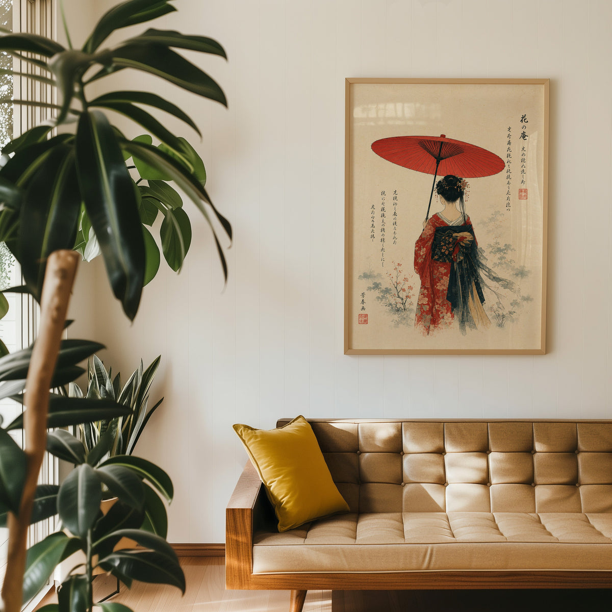 woman with red paper parasol print in an oak frame above a tan tufted leather sofa with a mustard cushion