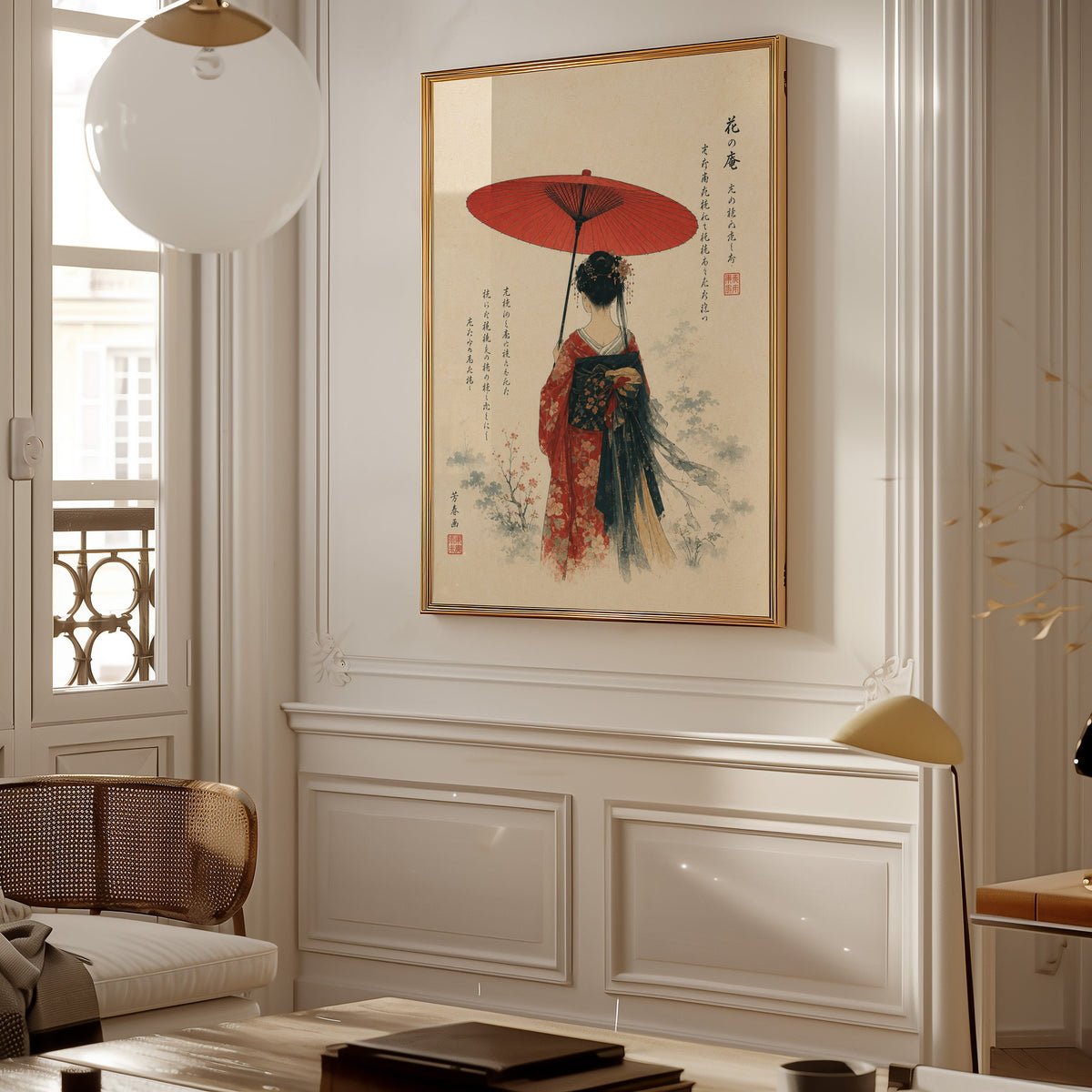 woman with red paper parasol print shown in a gold frame on a paneled wall in a Parisian-style living room