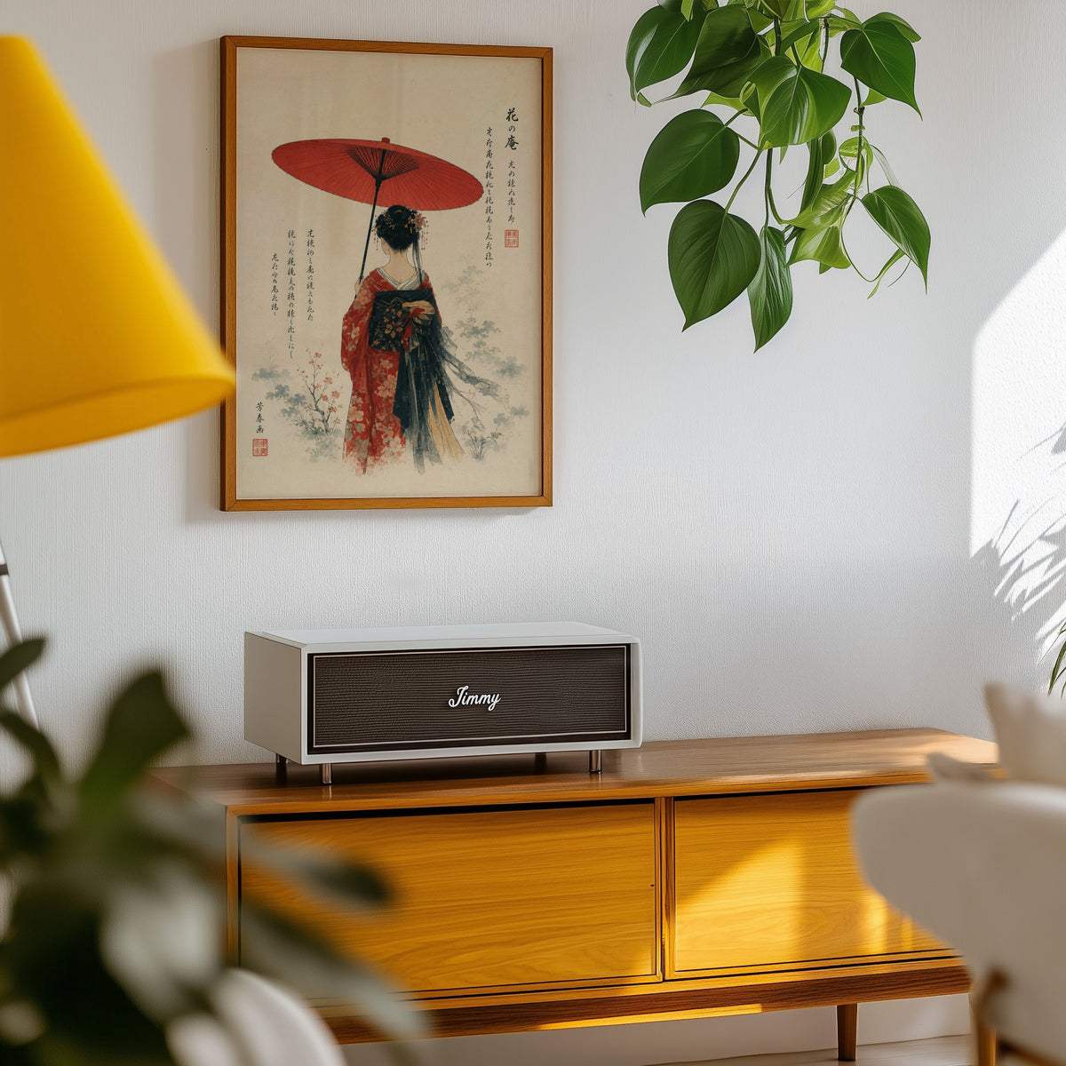 woman with red paper parasol print in an oak frame above a teak mid-century sideboard with trailing pothos