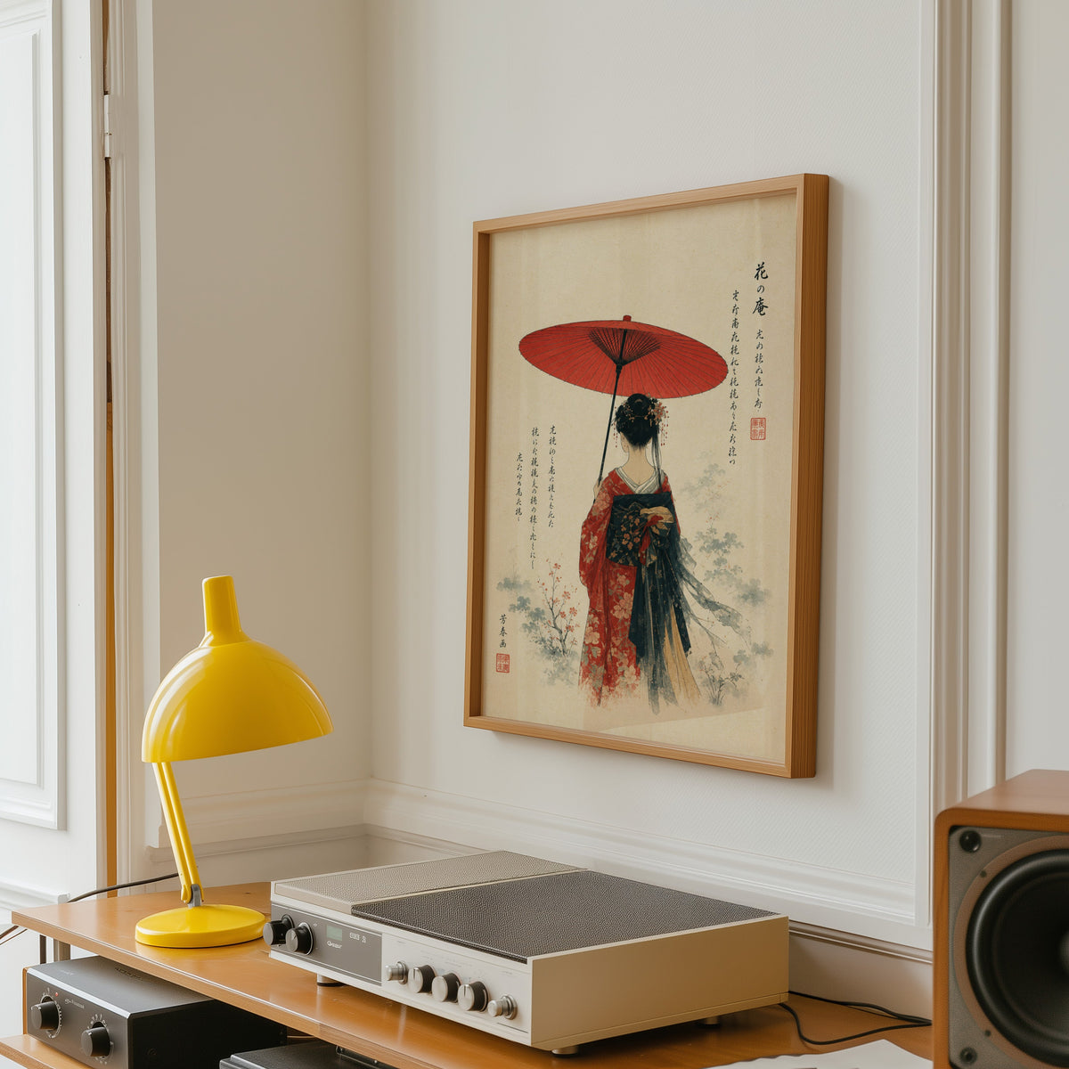 woman with red paper parasol print in an oak frame above a vintage hi-fi shelf with a yellow desk lamp