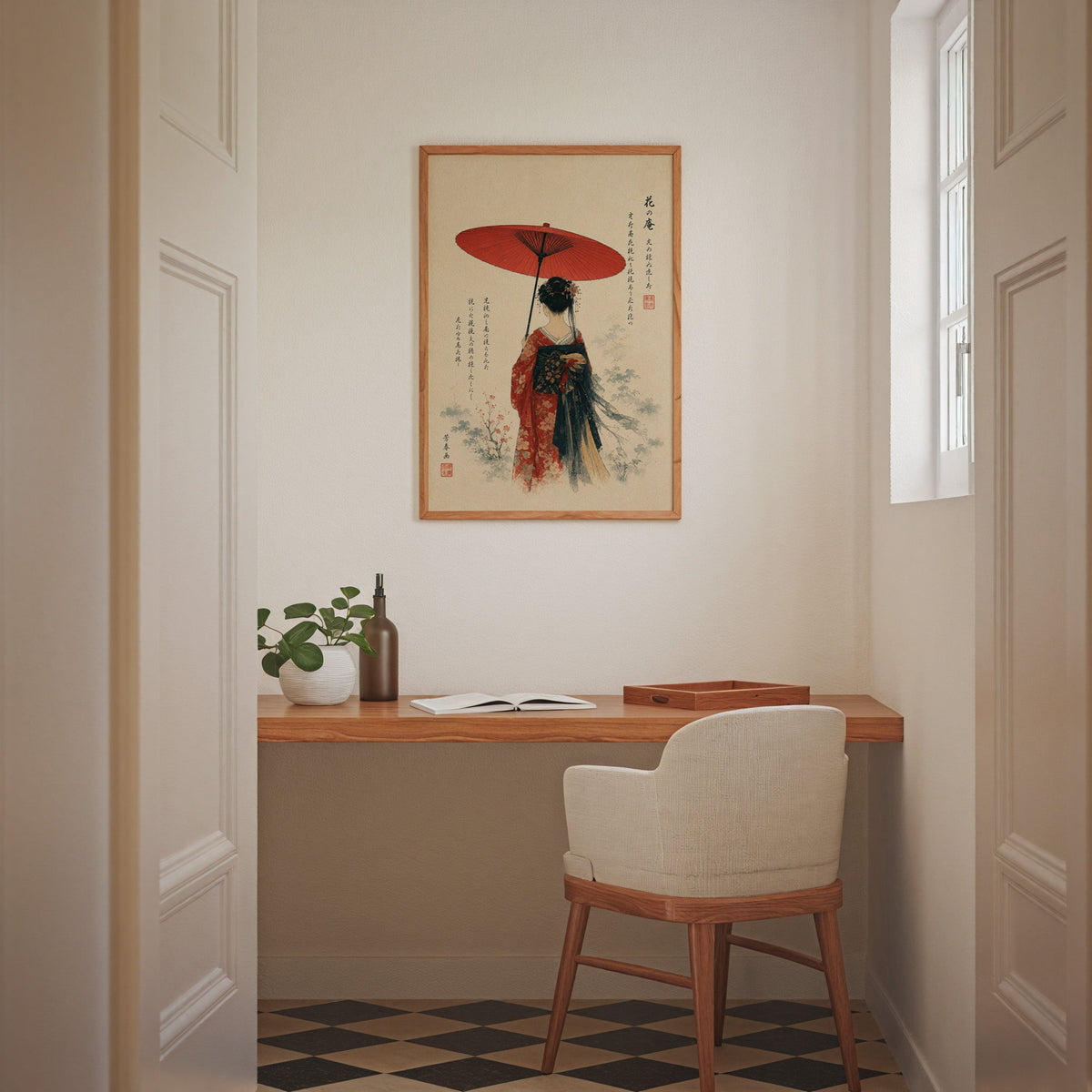 woman with red paper parasol print in an oak frame above a wall-mounted desk in a home office nook
