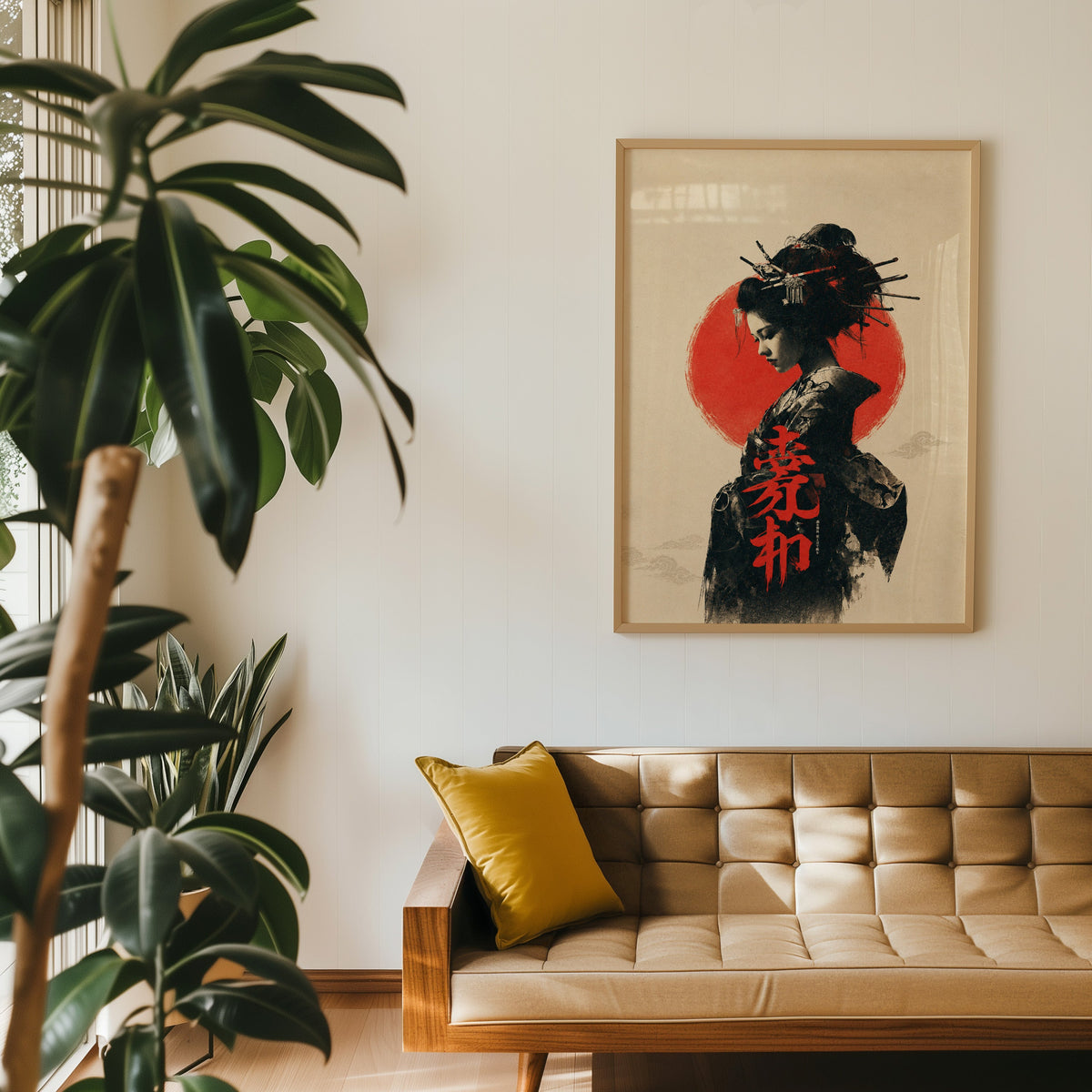ink portrait of kimono woman with red sun print in an oak frame above a tan tufted leather sofa with a mustard cushion