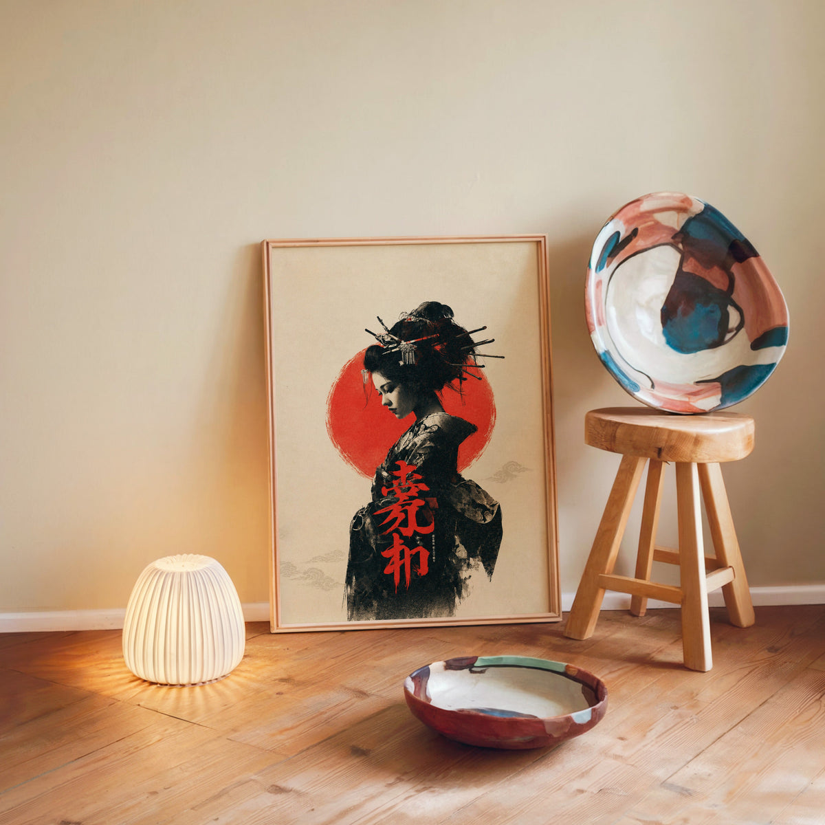 ink portrait of kimono woman with red sun print in a light wood frame leaning on a wooden floor by a glowing lamp and stool